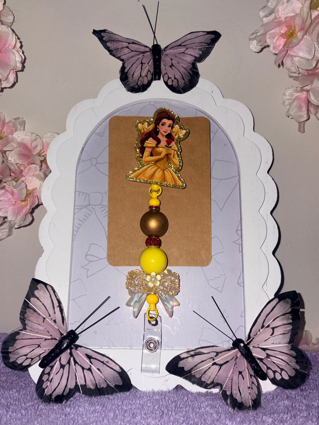 Beauty and the Beast Belle Gold Glitter Pearl Bow Beaded Badge Reel – Handmade