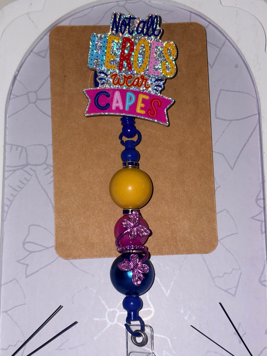 Not All Heroes Wear Capes Silver Holographic Glitter Butterfly Beaded Badge Reel – Handmade