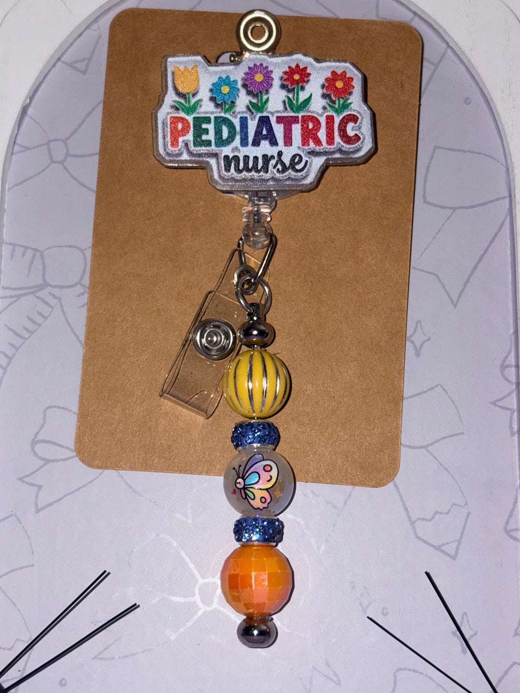 Pediatric Nurse Colorful Flower Glitter Butterfly Coin Bead Badge Reel – Handmade