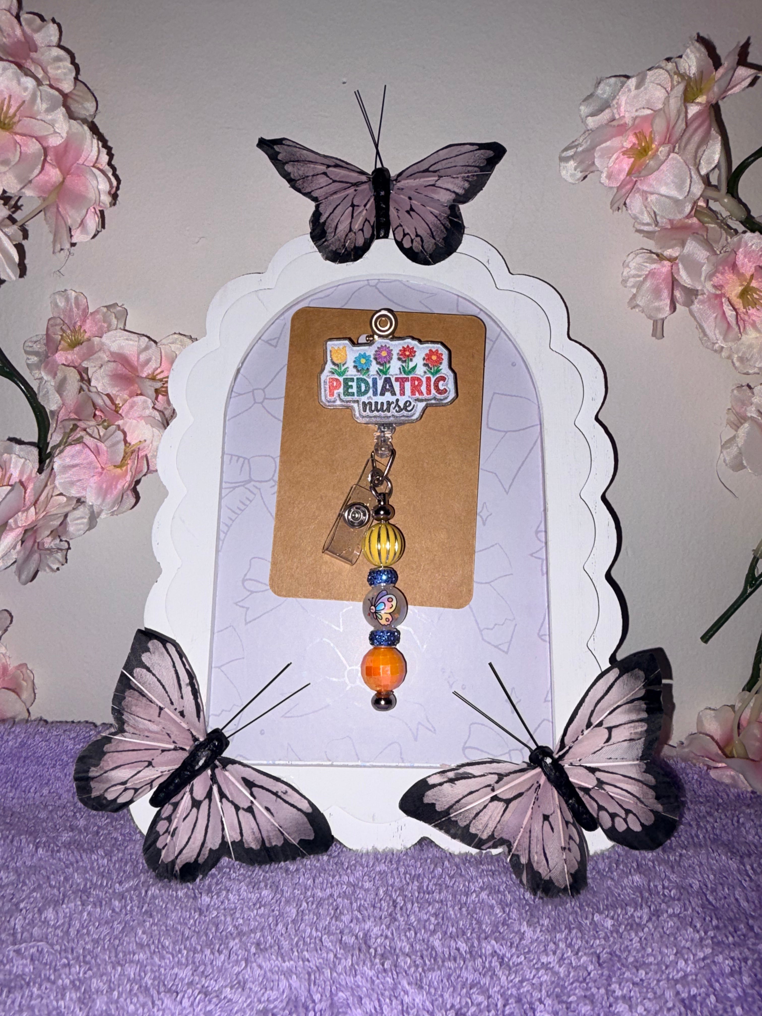 Pediatric Nurse Colorful Flower Glitter Butterfly Coin Bead Badge Reel – Handmade