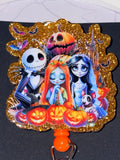 Nightmare Before Christmas Jack Sally Emily Gold Glitter Orange Blue Beaded Badge Reel – Handmade