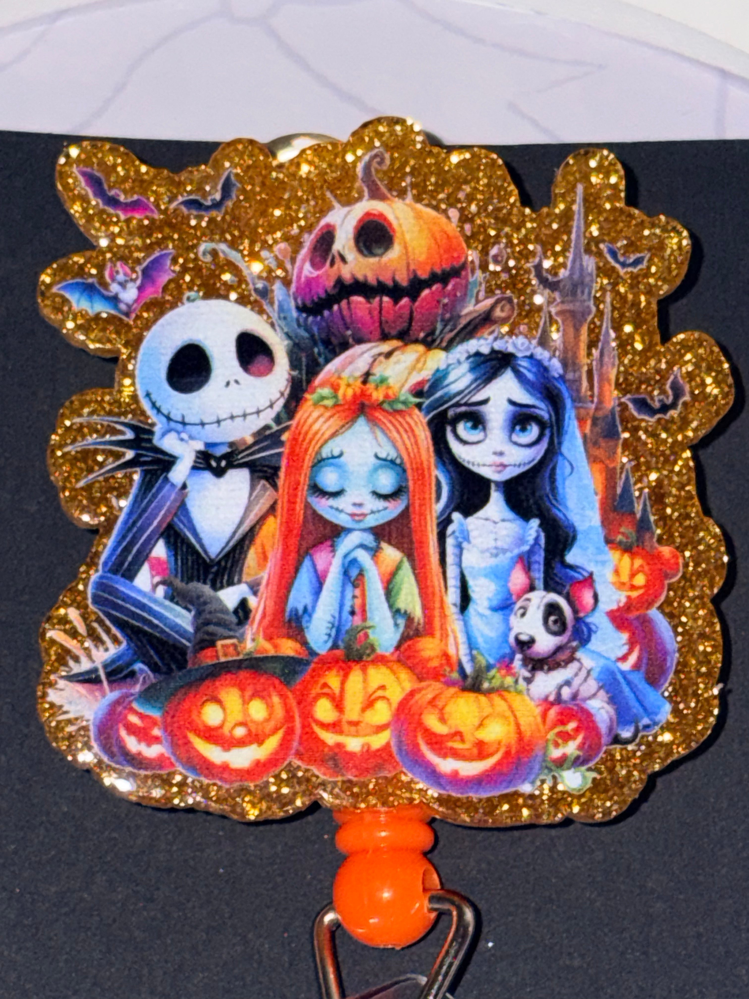 Nightmare Before Christmas Jack Sally Emily Gold Glitter Orange Blue Beaded Badge Reel – Handmade
