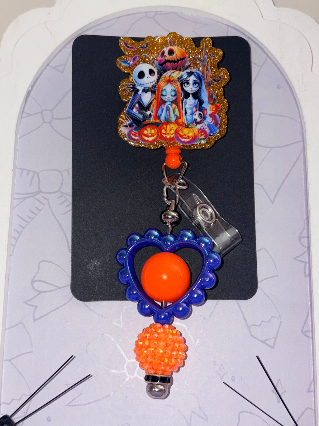 Nightmare Before Christmas Jack Sally Emily Gold Glitter Orange Blue Beaded Badge Reel – Handmade