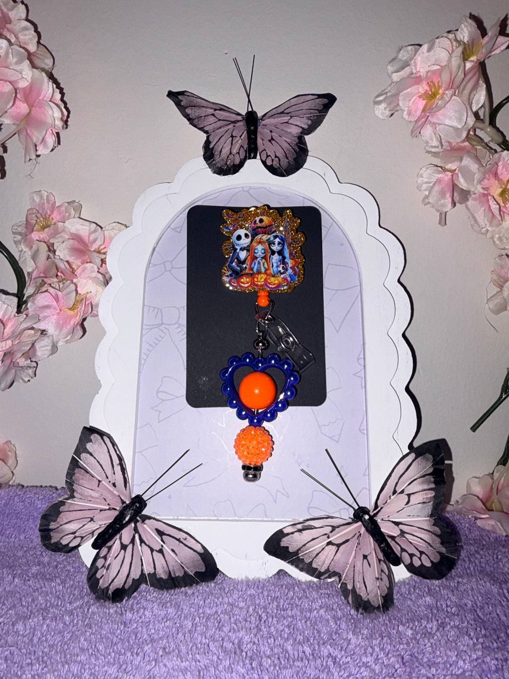 Nightmare Before Christmas Jack Sally Emily Gold Glitter Orange Blue Beaded Badge Reel – Handmade