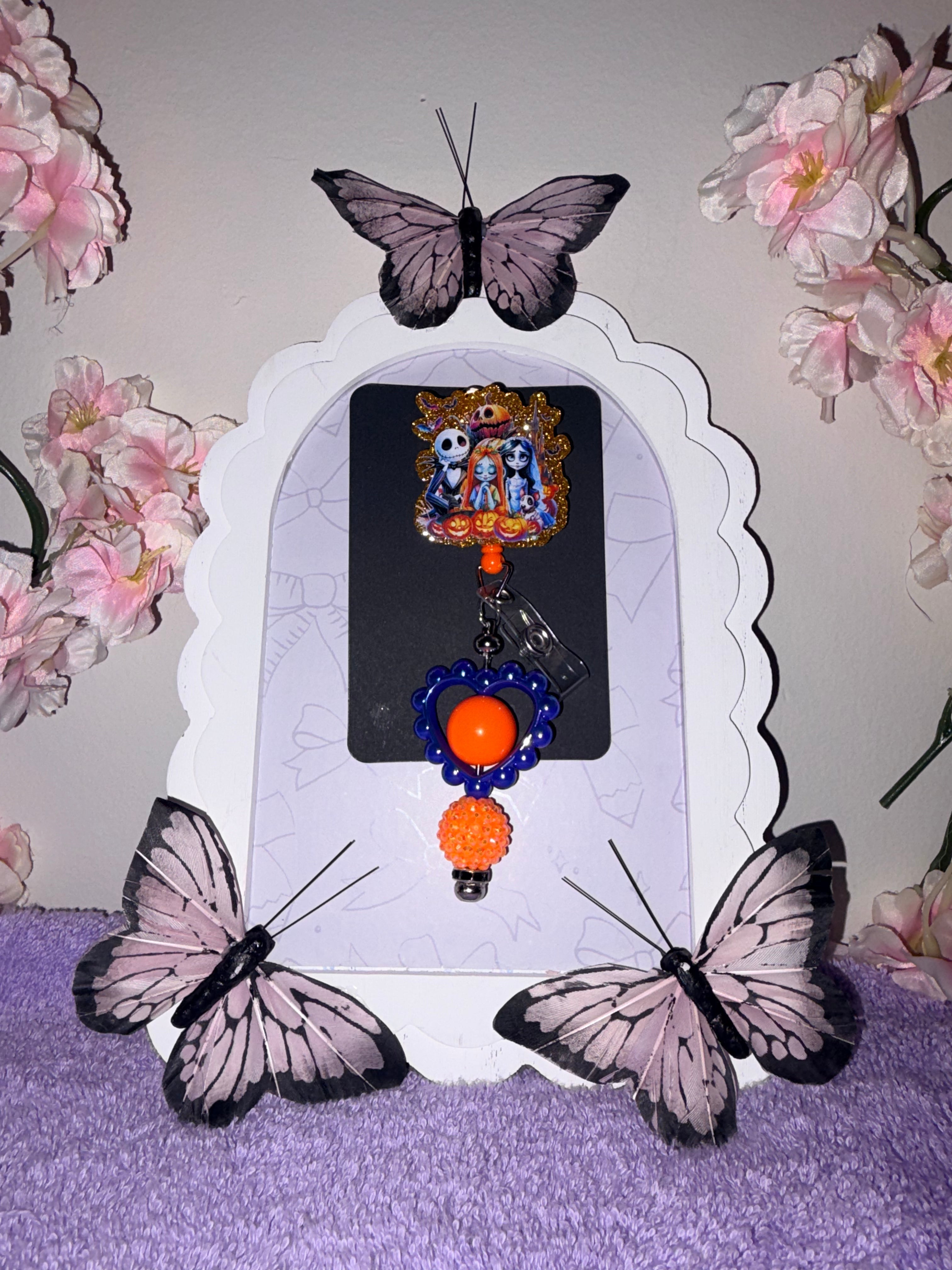 Nightmare Before Christmas Jack Sally Emily Gold Glitter Orange Blue Beaded Badge Reel – Handmade