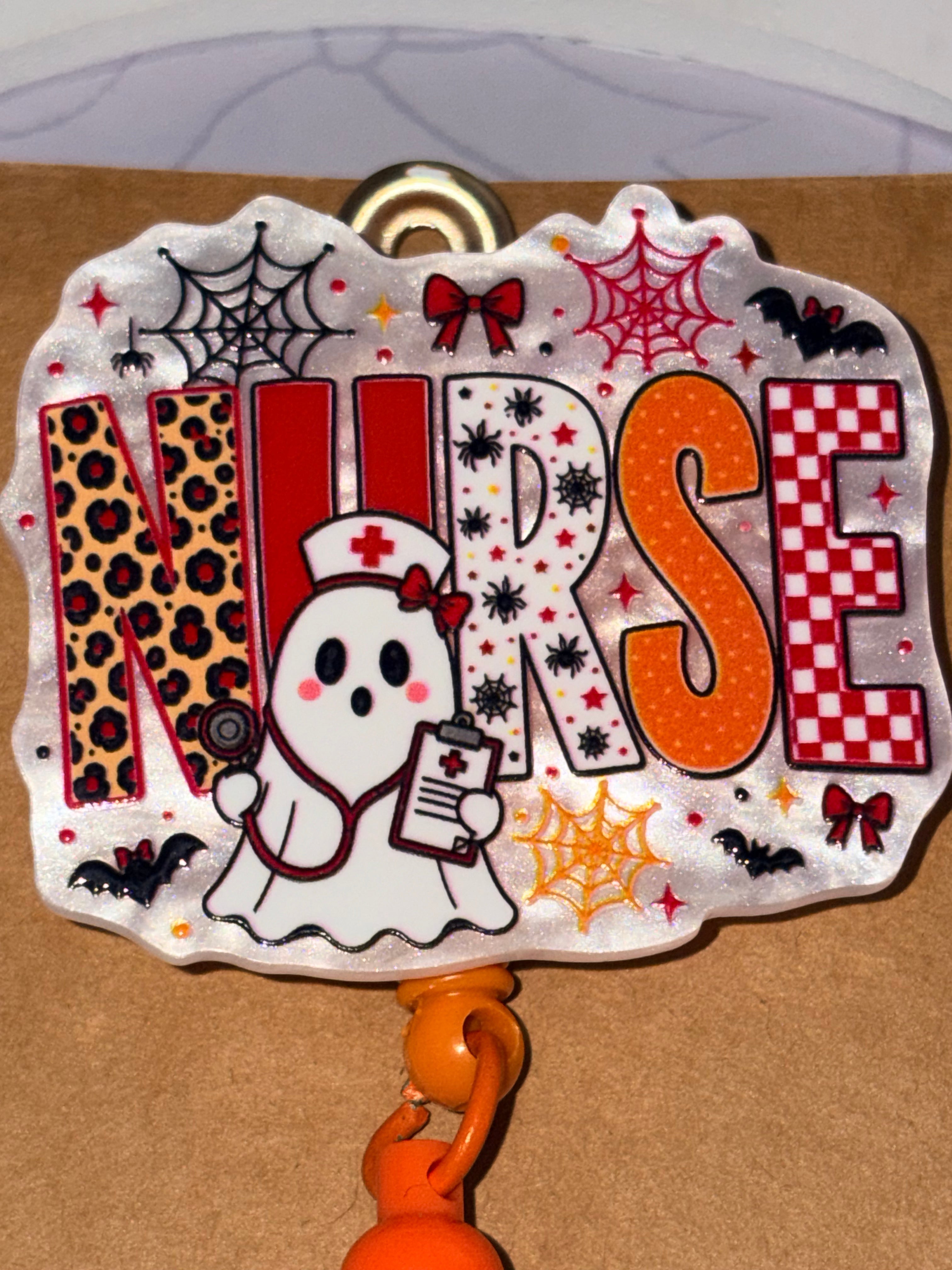 Halloween Nurse Ghost Beaded Badge Reel