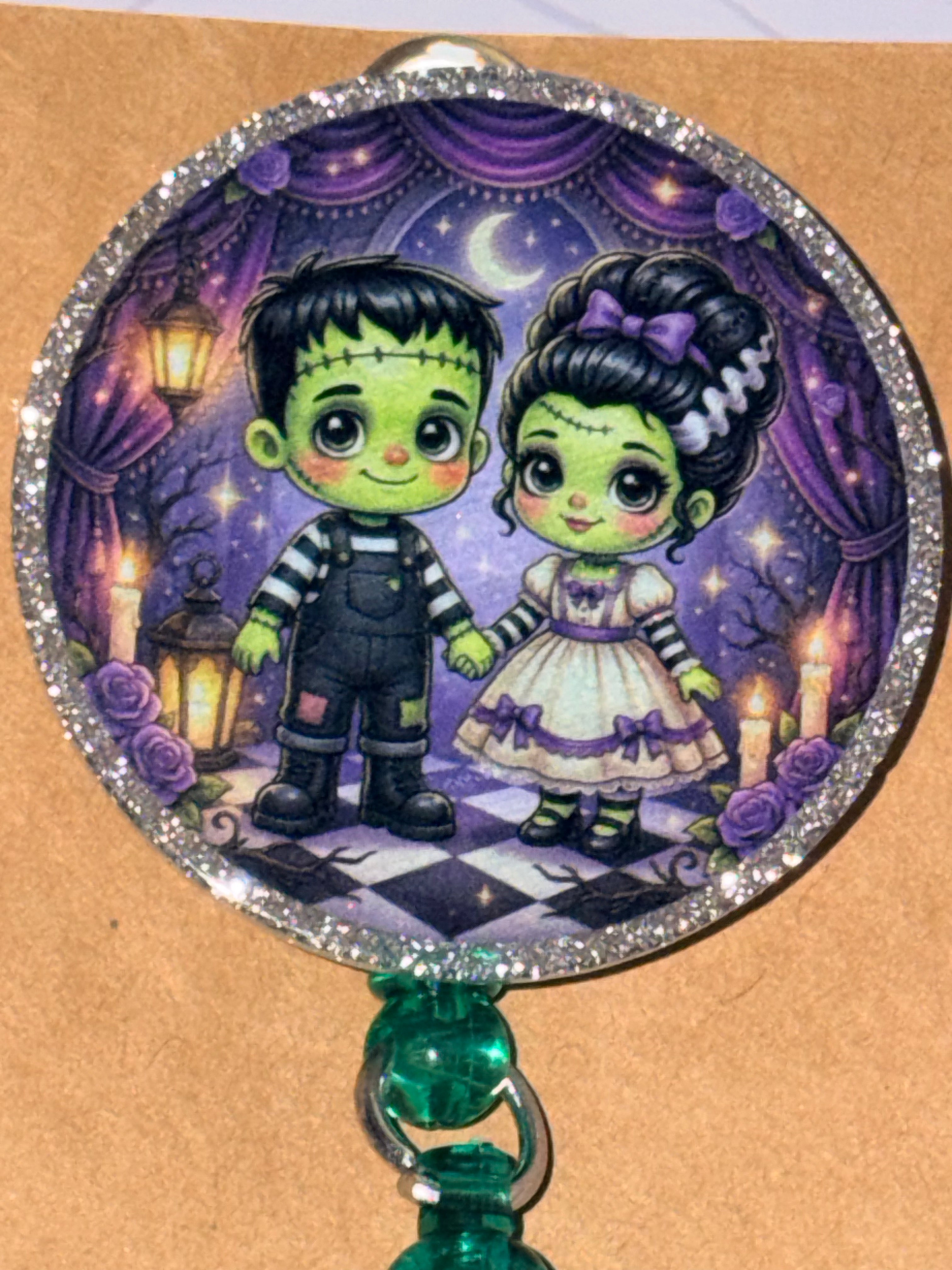 Frankenstein Couple Beaded Badge Reel