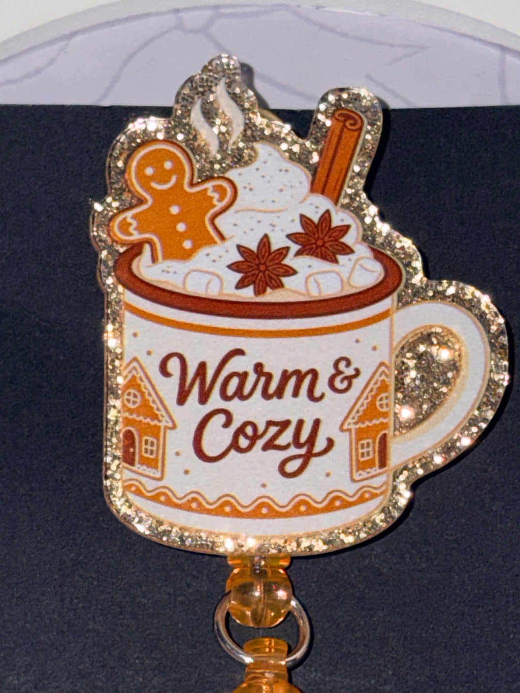 Warm & Cozy Gingerbread Hot Cocoa Beaded Badge Reel