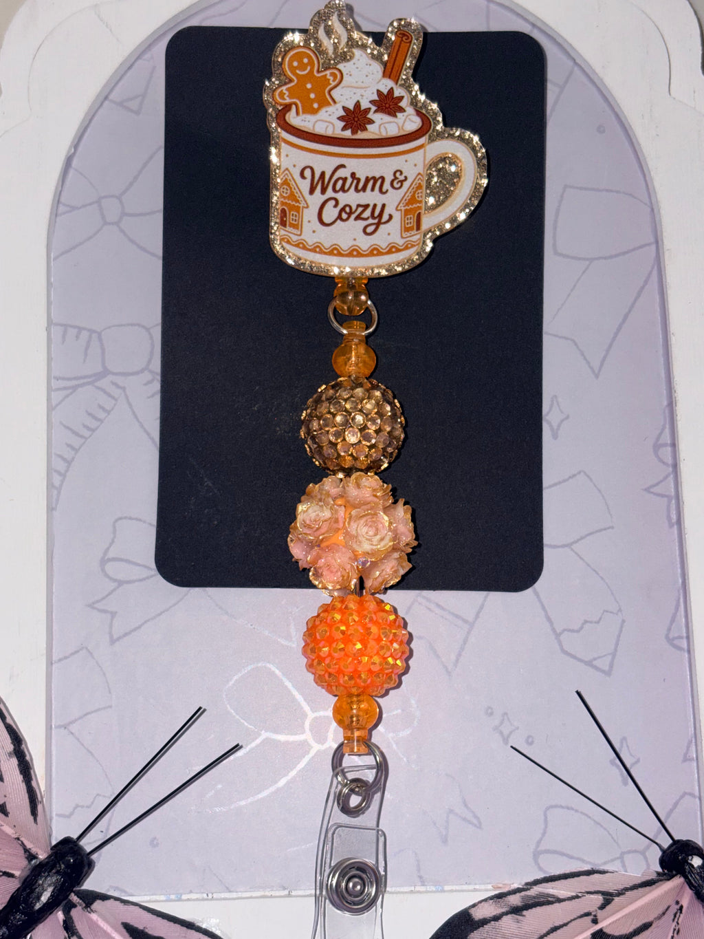 Warm & Cozy Gingerbread Hot Cocoa Beaded Badge Reel