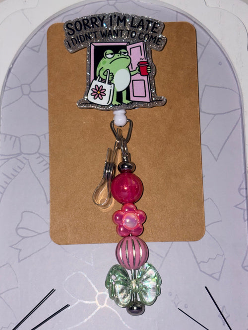 "Sorry I'm Late, I Didn't Want to Come" Frog Beaded Badge Reel