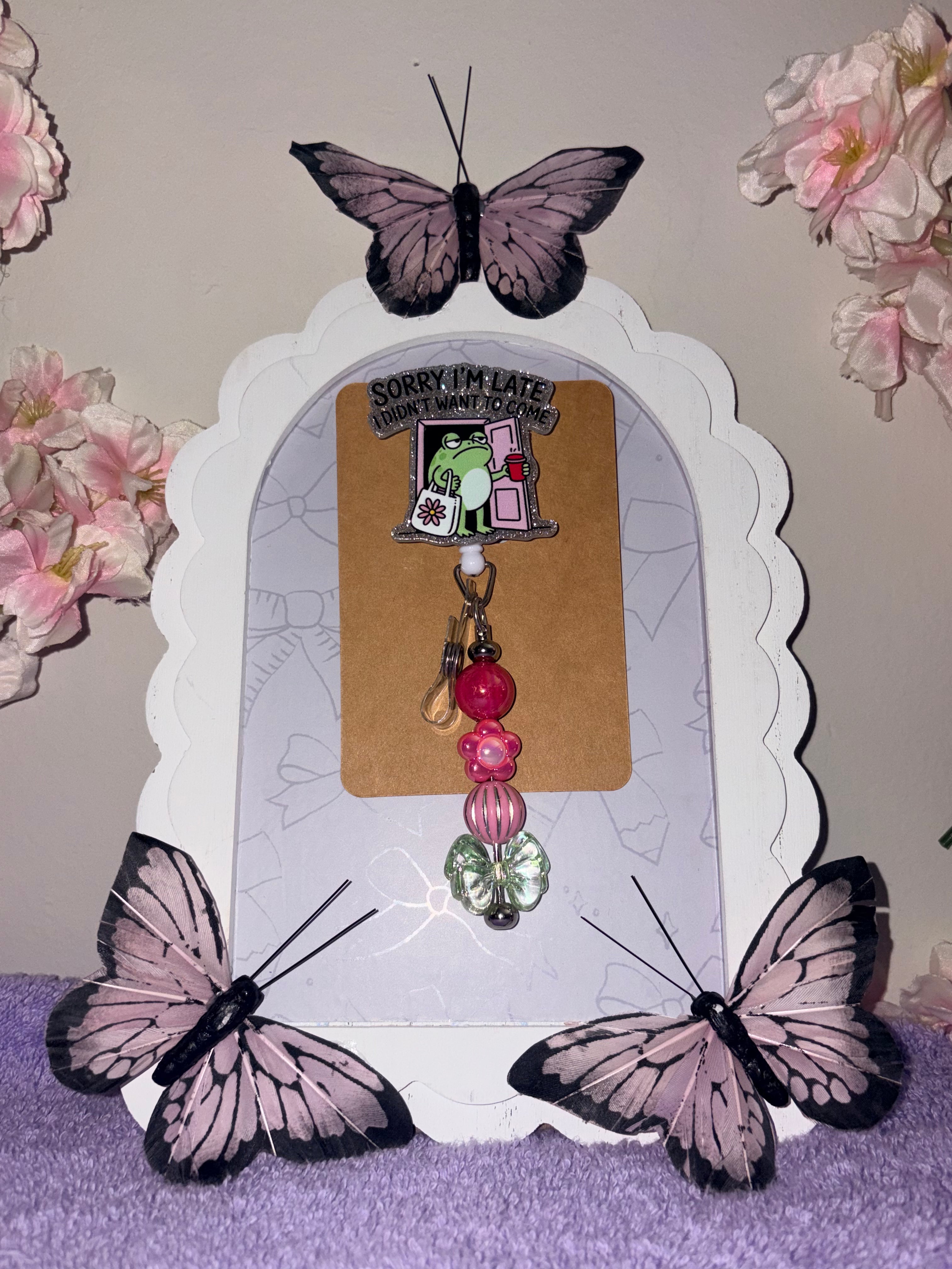 "Sorry I'm Late, I Didn't Want to Come" Frog Beaded Badge Reel