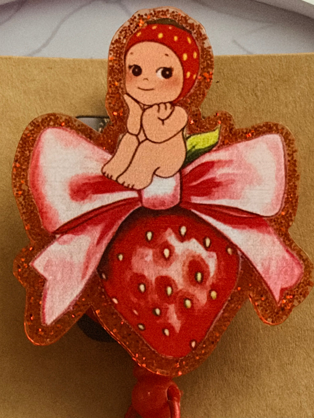 Strawberry Kewpie Baby Beaded Badge Reel