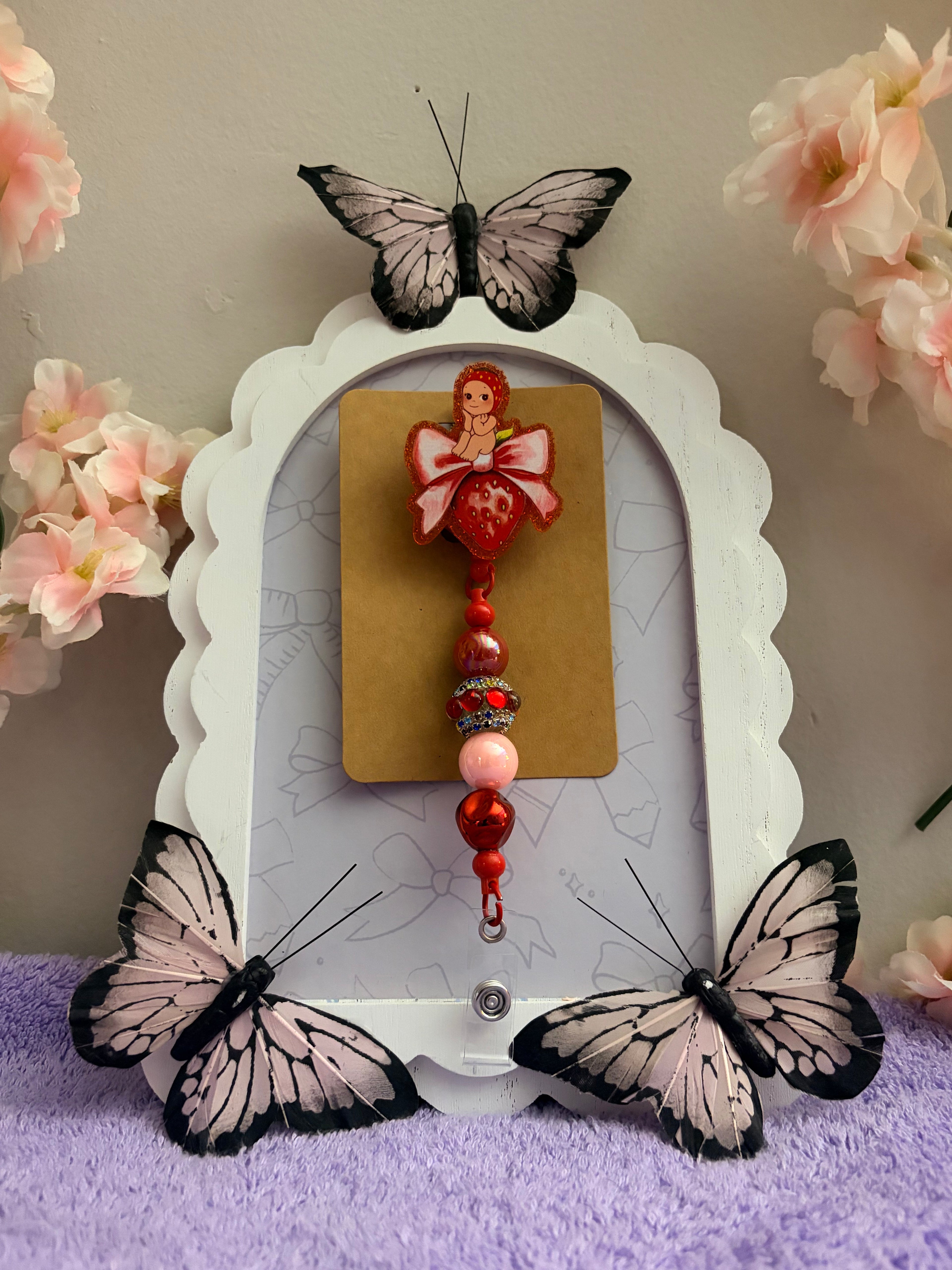 Strawberry Kewpie Baby Beaded Badge Reel