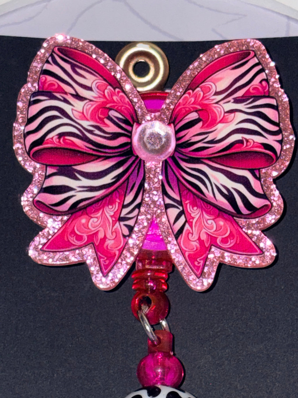 Zebra Print Bow Beaded Badge Reel