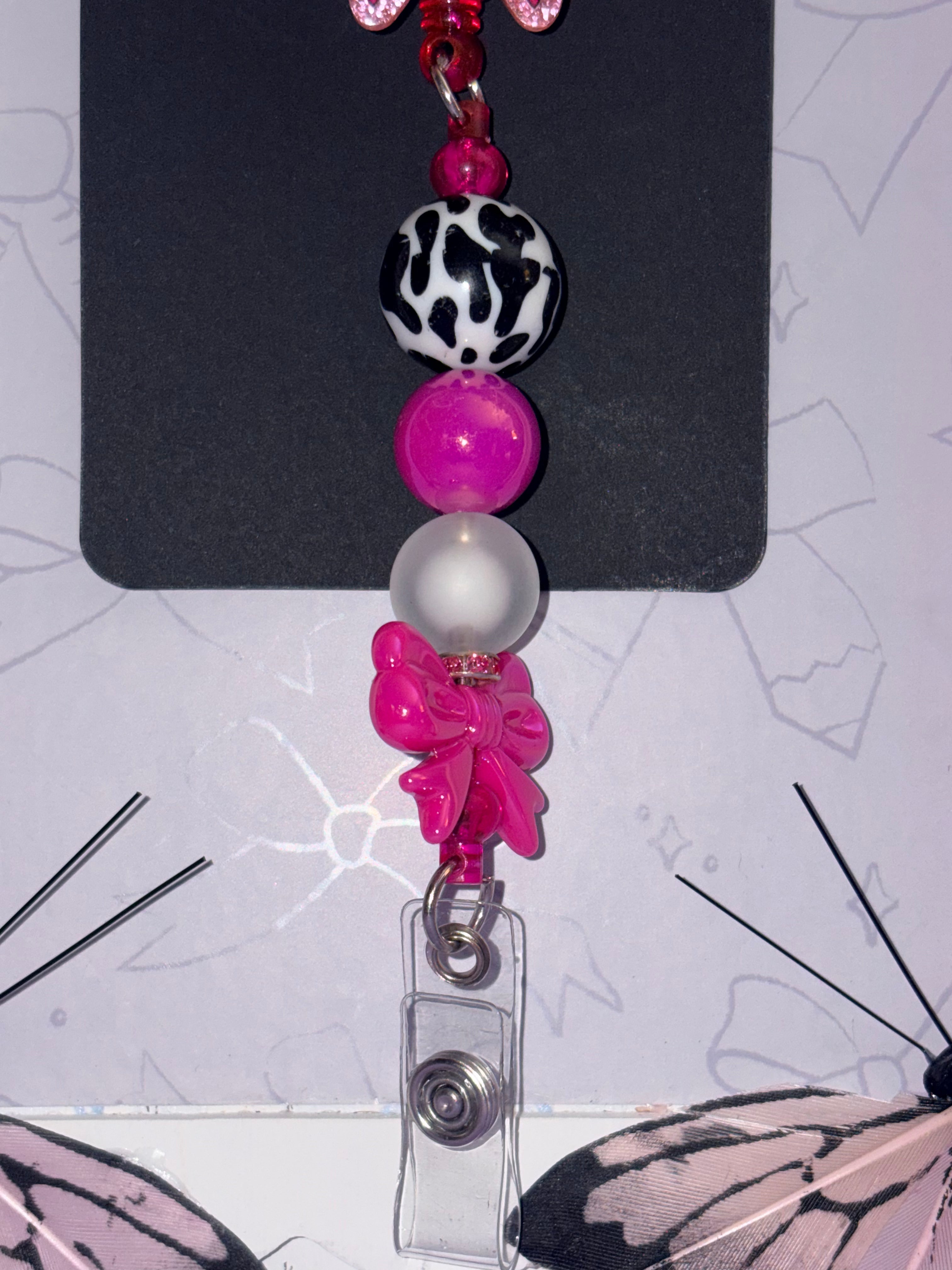Zebra Print Bow Beaded Badge Reel