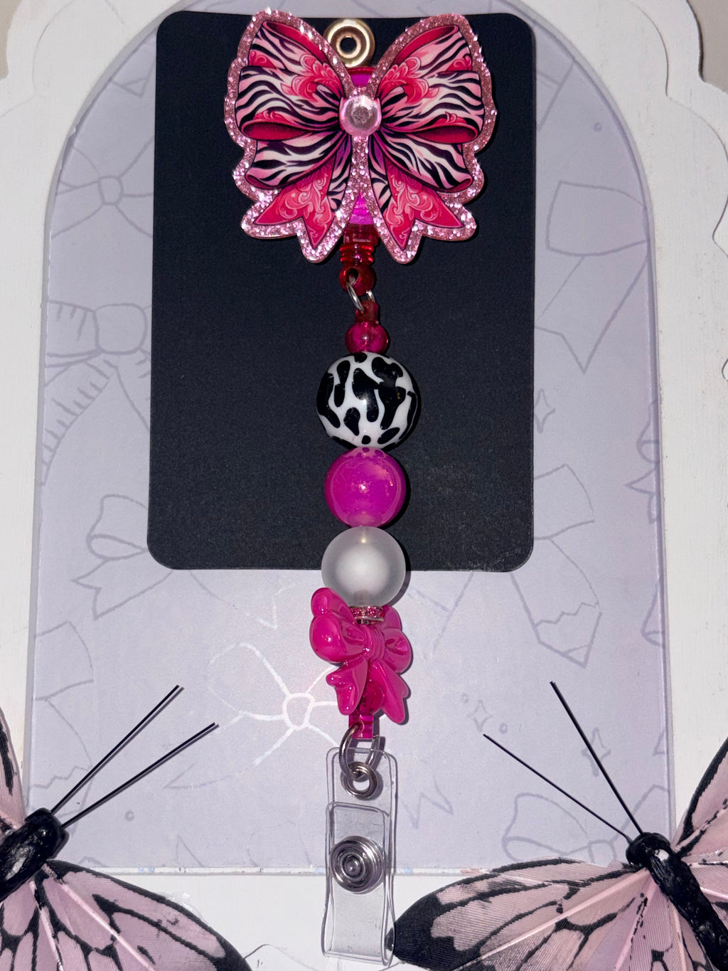 Zebra Print Bow Beaded Badge Reel