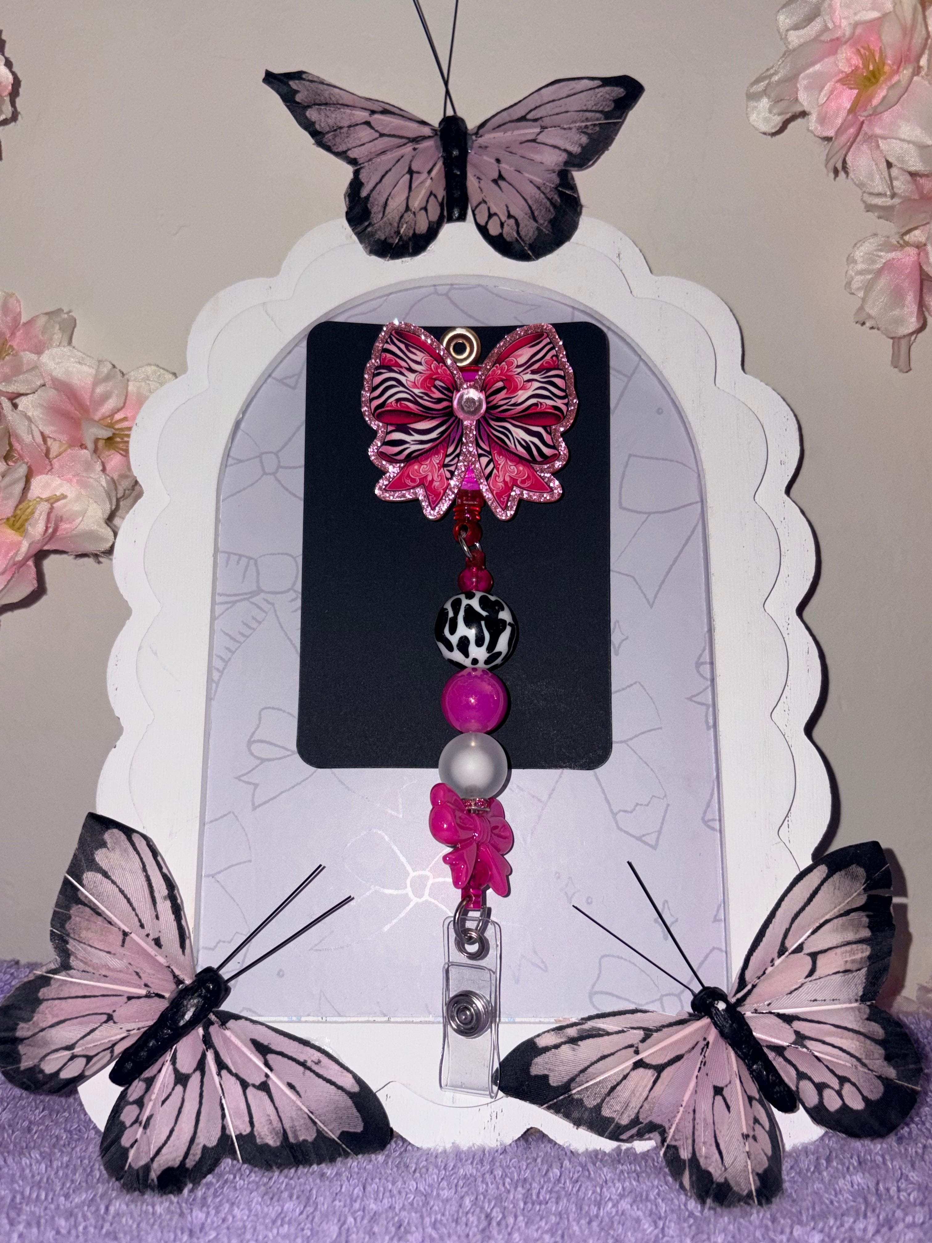 Zebra Print Bow Beaded Badge Reel