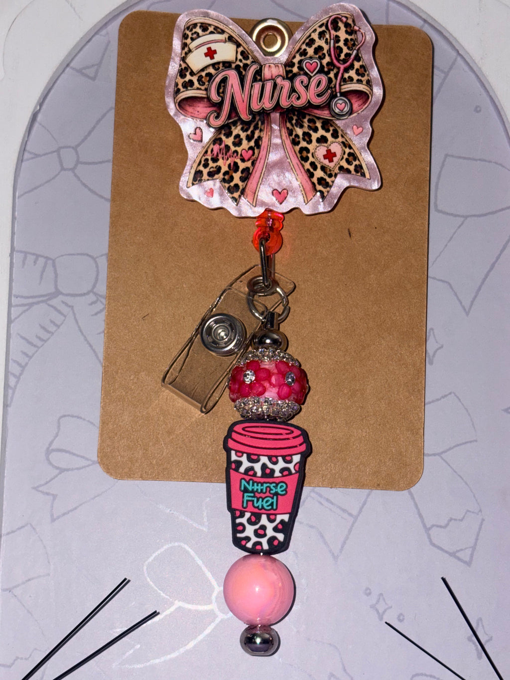 Leopard Print Nurse Bow "Nurse Fuel" Beaded Badge Reel