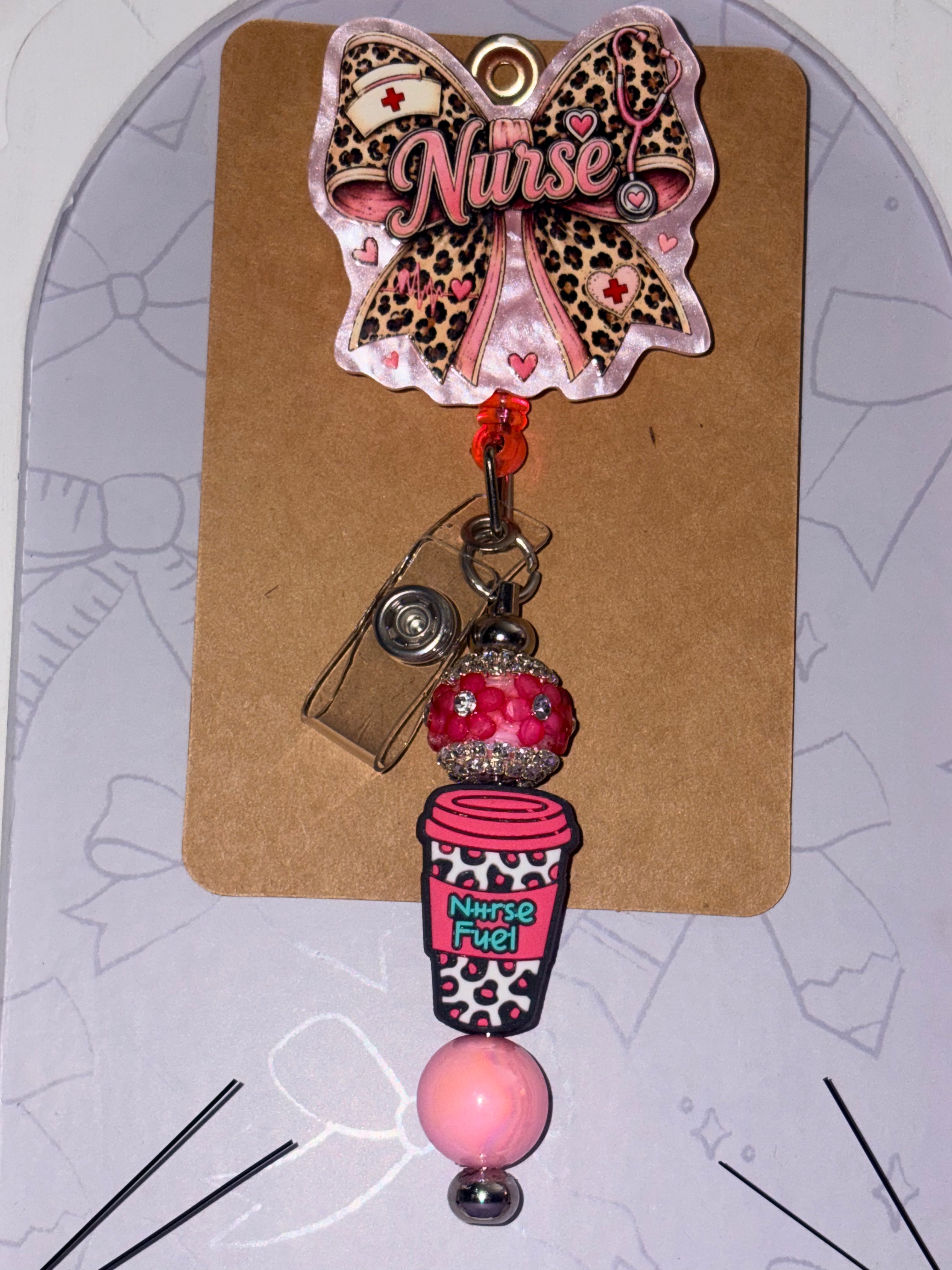 Leopard Print Nurse Bow "Nurse Fuel" Beaded Badge Reel