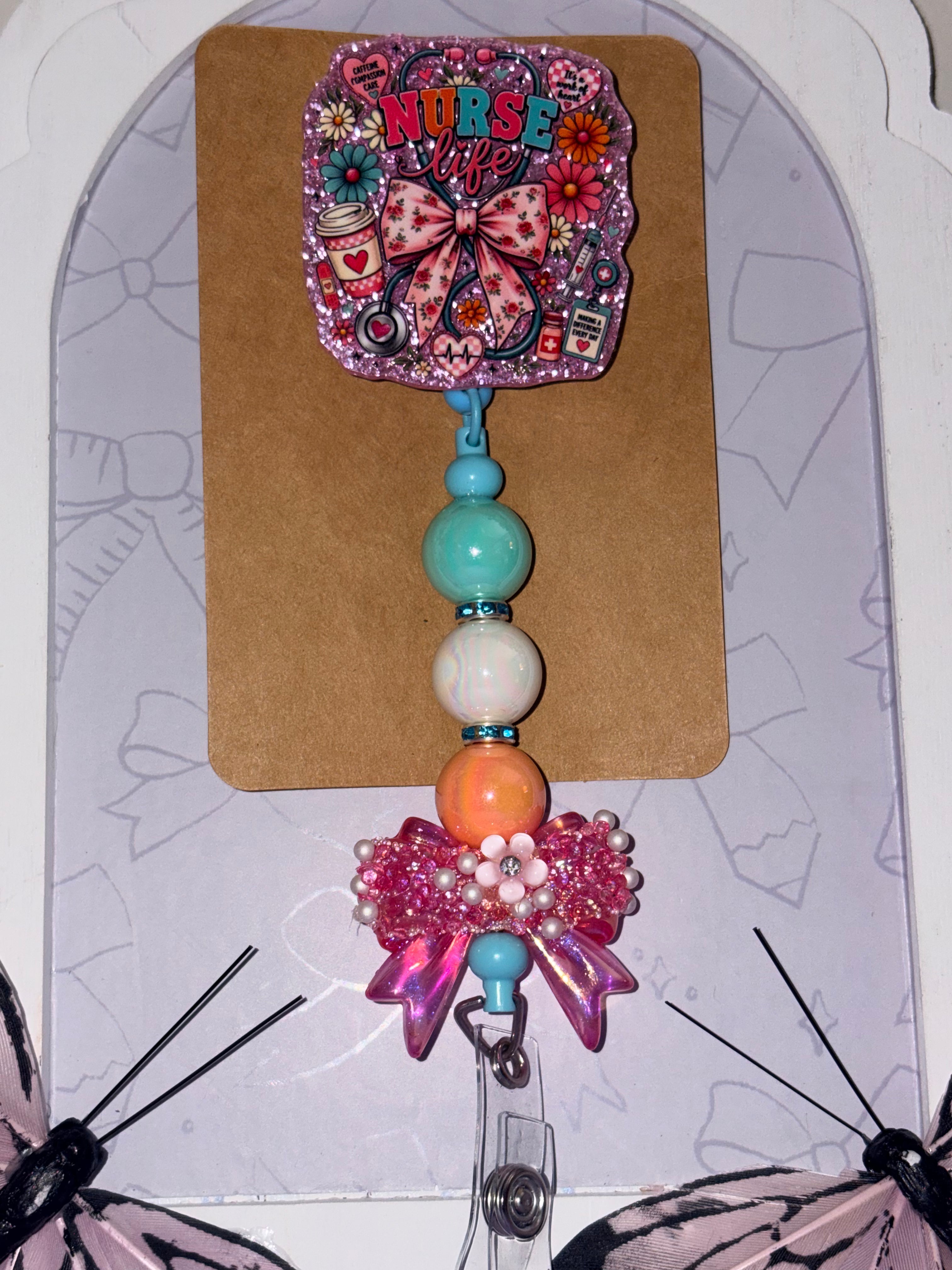 Nurse Life Bow Beaded Badge Reel