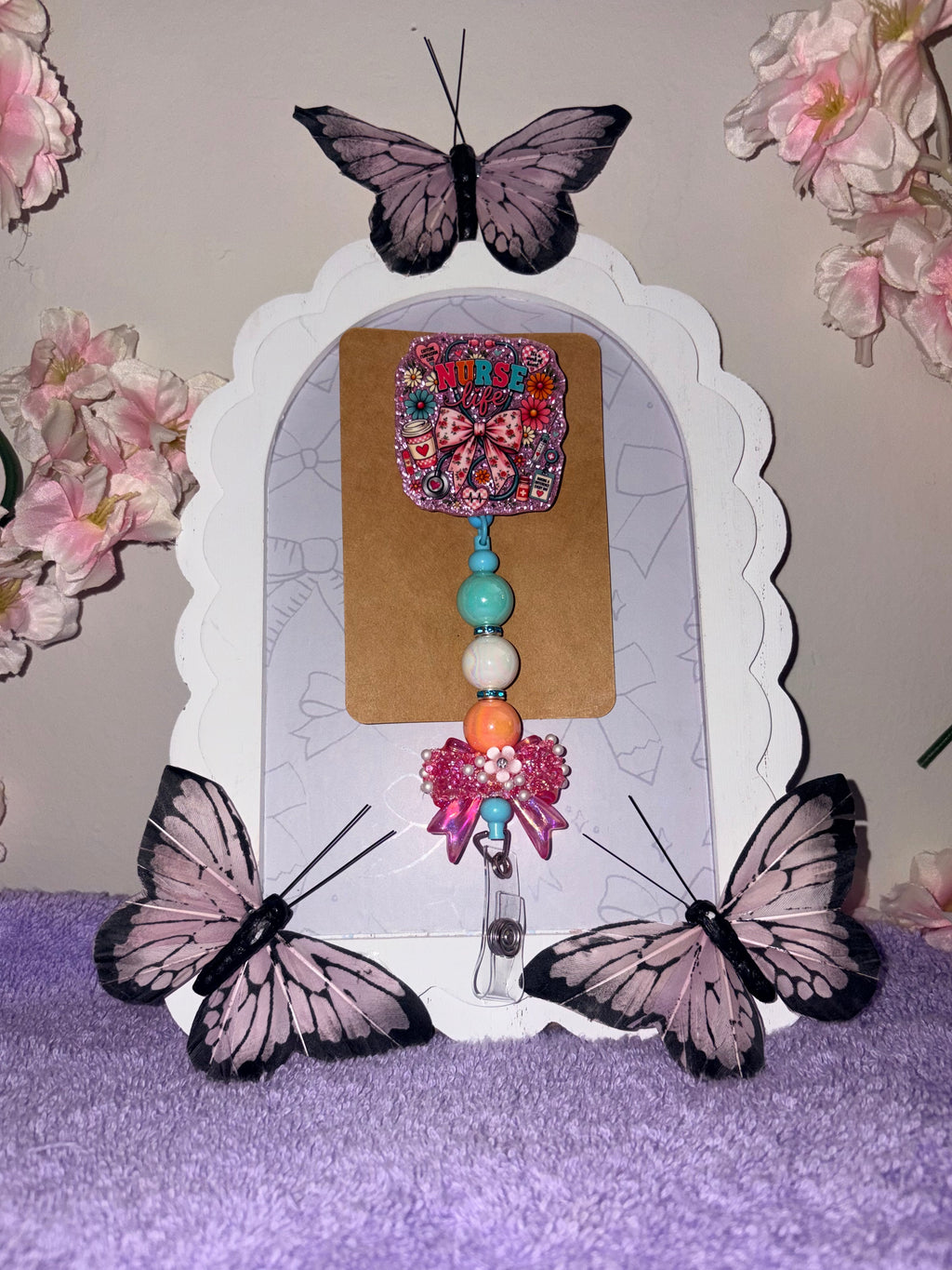 Nurse Life Bow Beaded Badge Reel