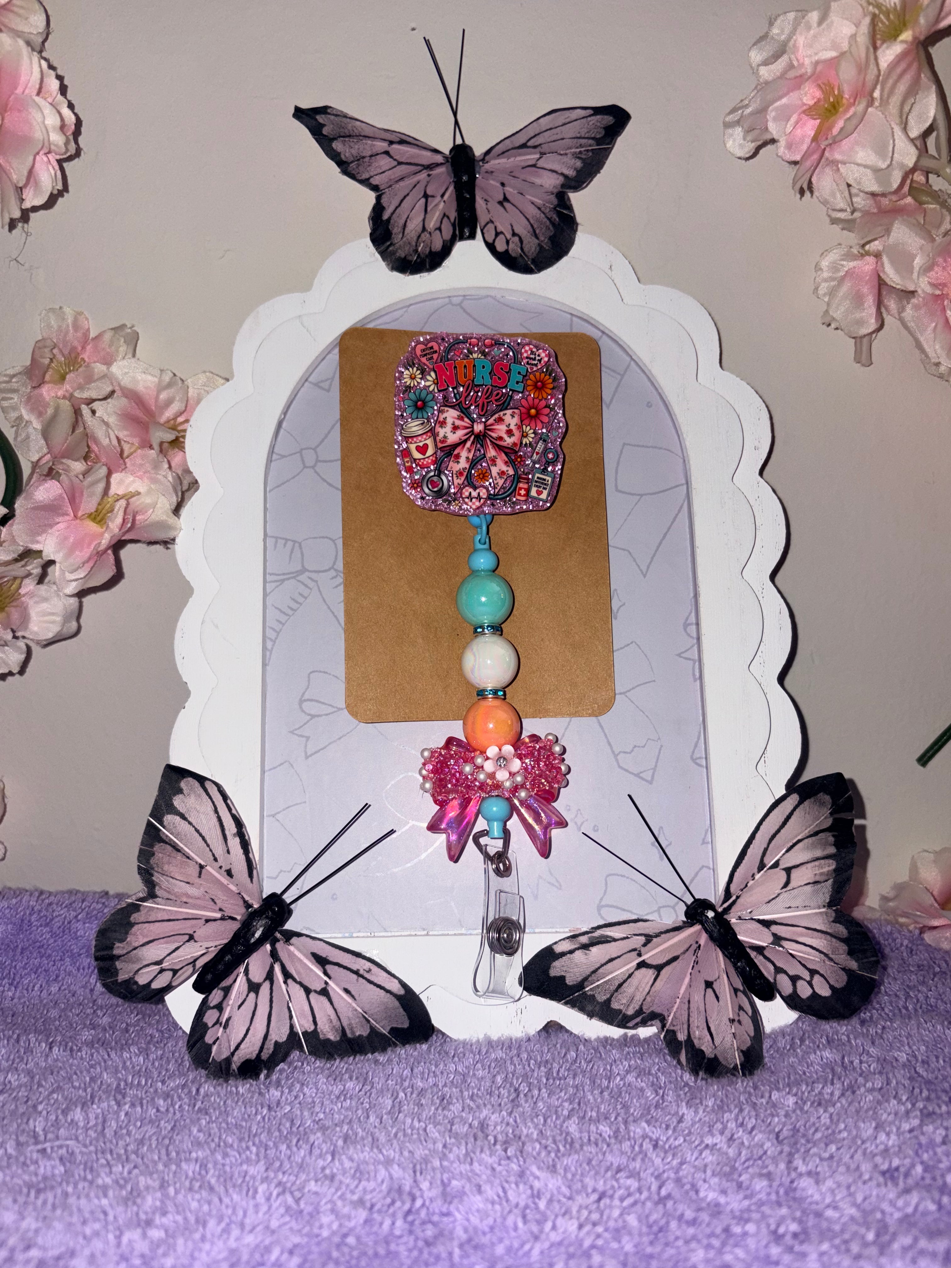 Nurse Life Bow Beaded Badge Reel