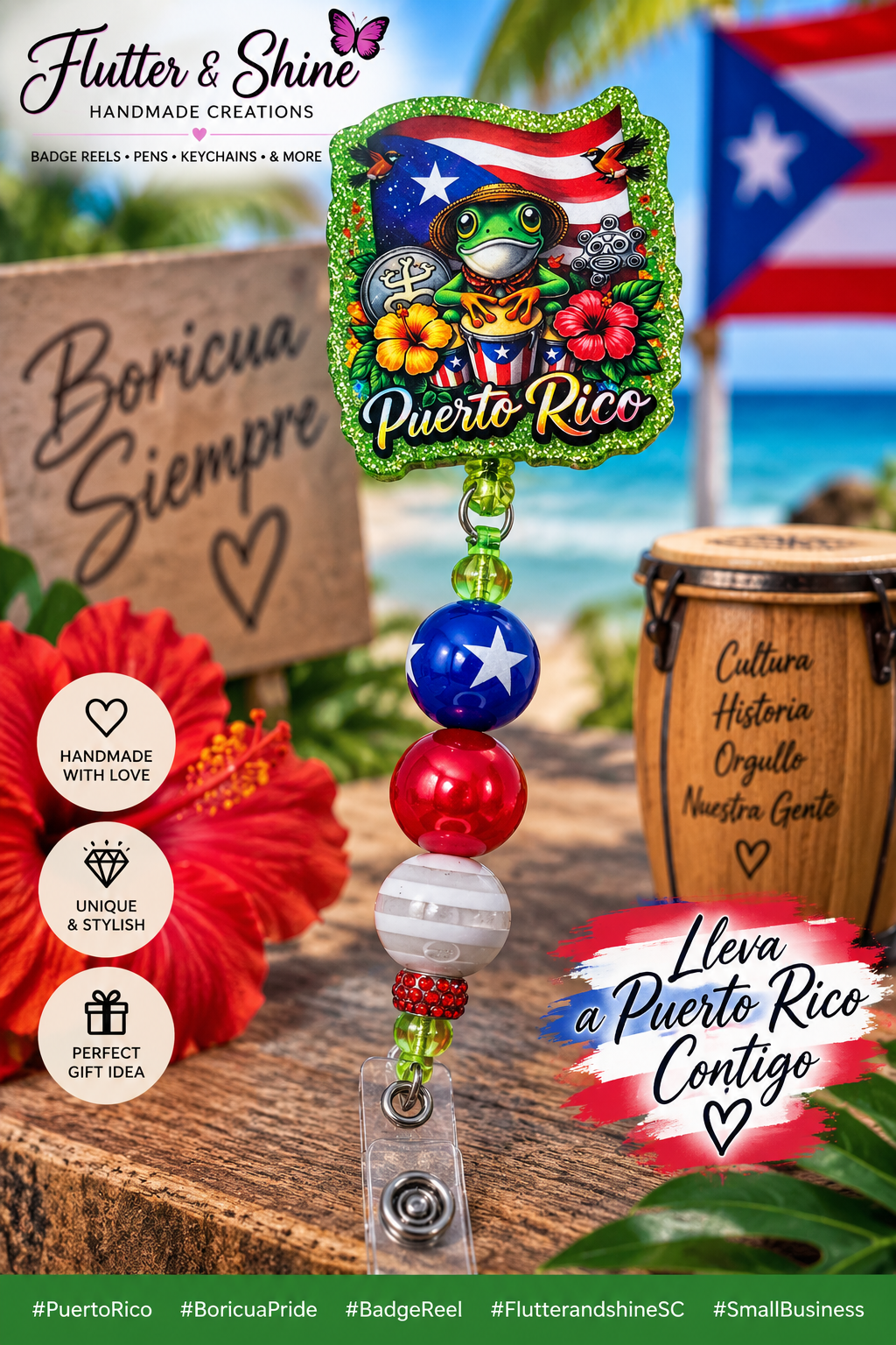 Puerto Rico Beaded Badge Reel – Boricua Pride