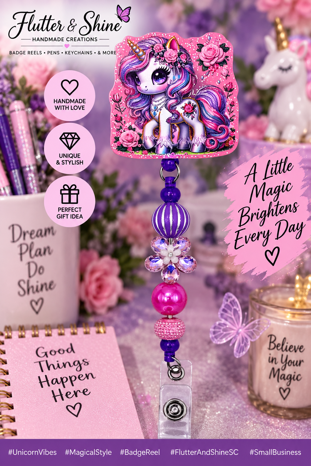 Floral Unicorn Beaded Badge Reel – A Little Magic Brightens Every Day