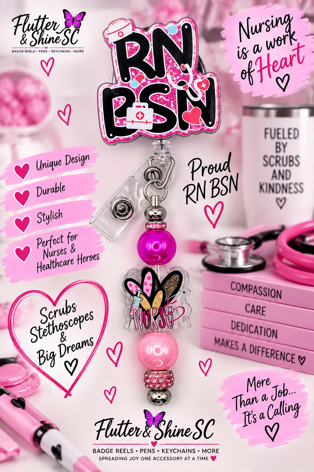 RN BSN Proud Nurse Badge Reel – Nursing Is a Work of Heart