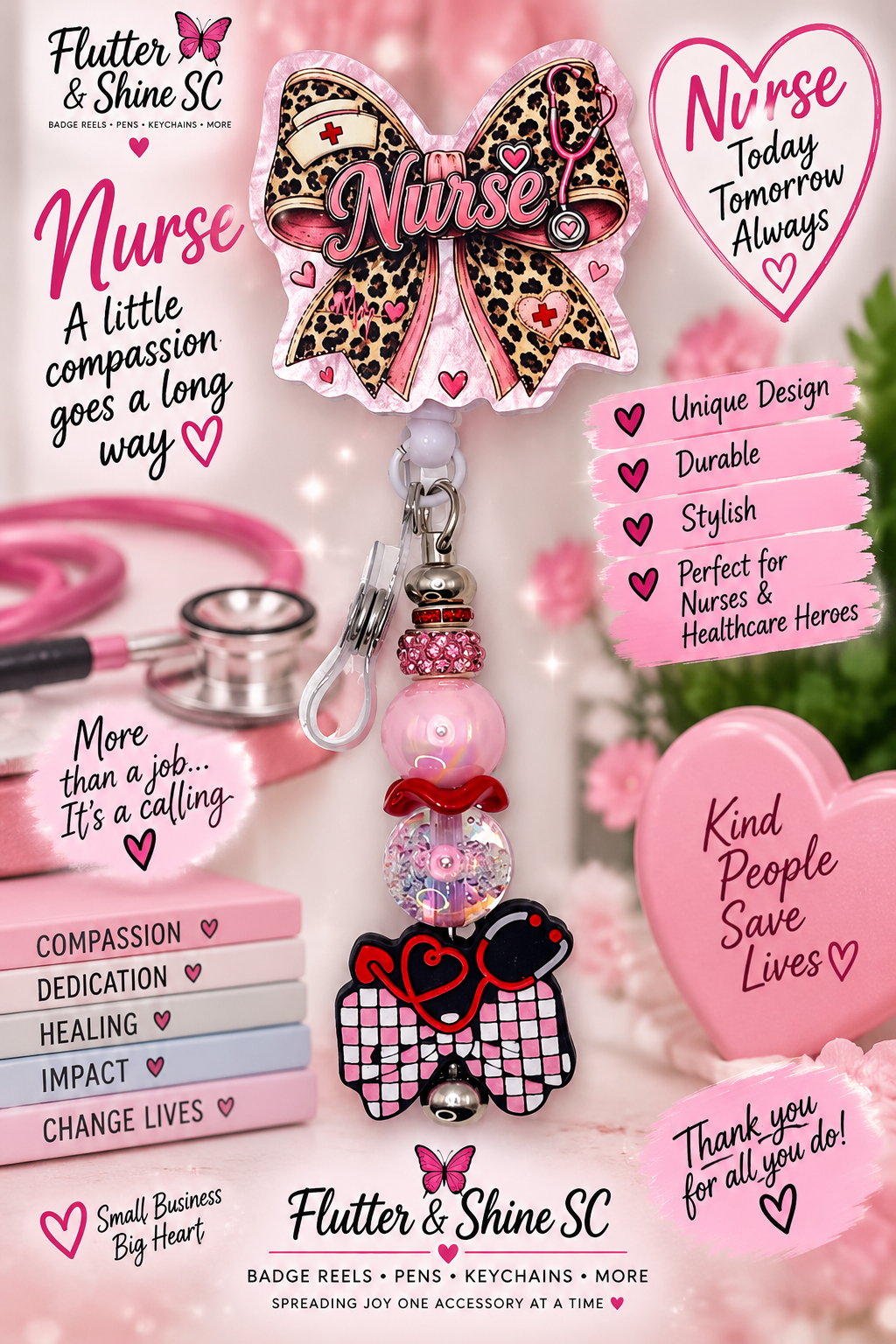 Nurse Badge Reel – Leopard Print Bow & Scrubs Charm | Beaded Retractable Badge Holder