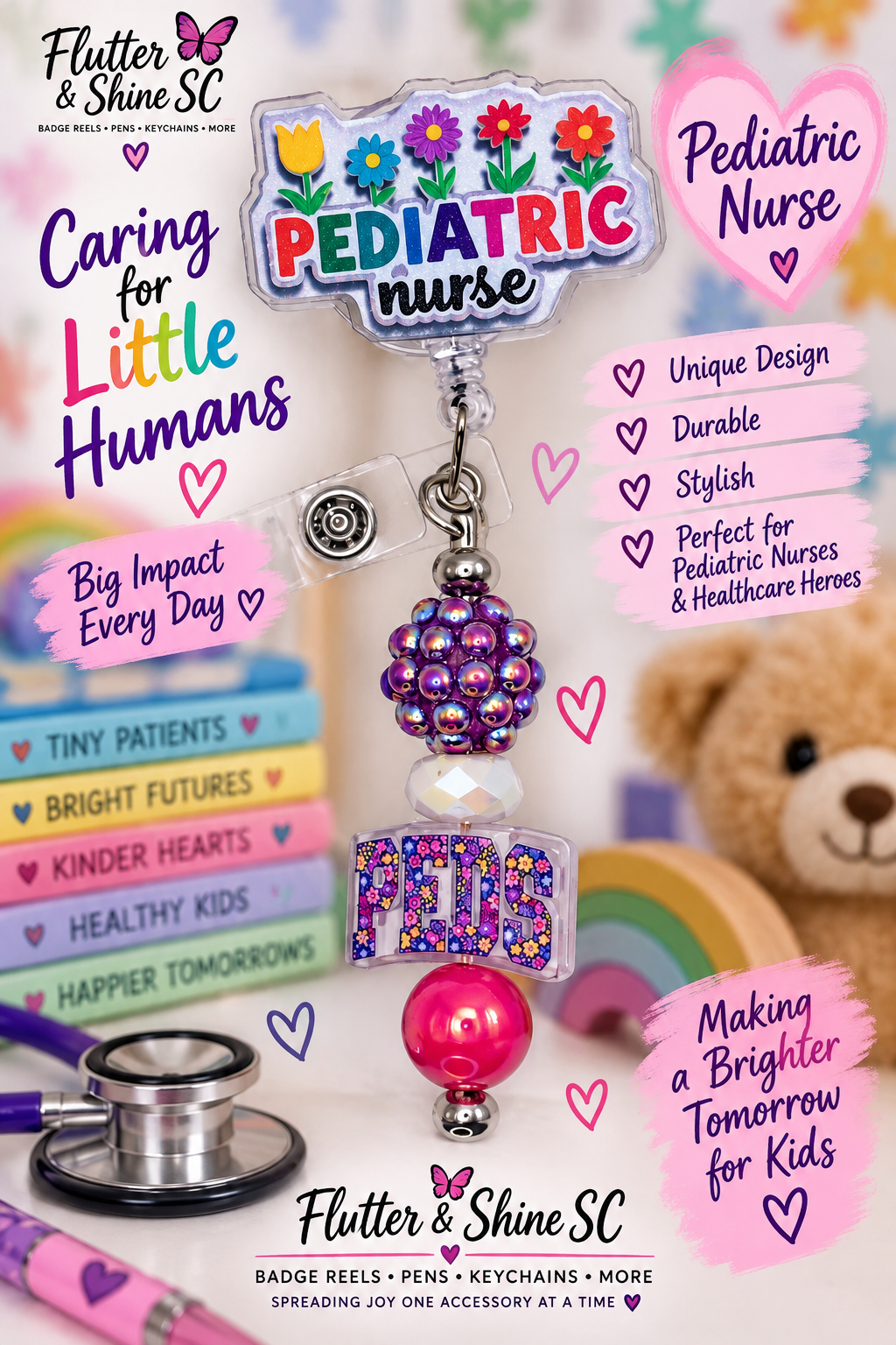 Pediatric Nurse Badge Reel – PEDS Colorful Flower Topper & Beaded Charm | Retractable Badge Holder