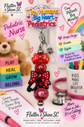 Pediatric Nurse Badge Reel – Tiny Humans Big Heart Pediatrics Topper & Bow Stethoscope Charm | Retractable Badge Holder