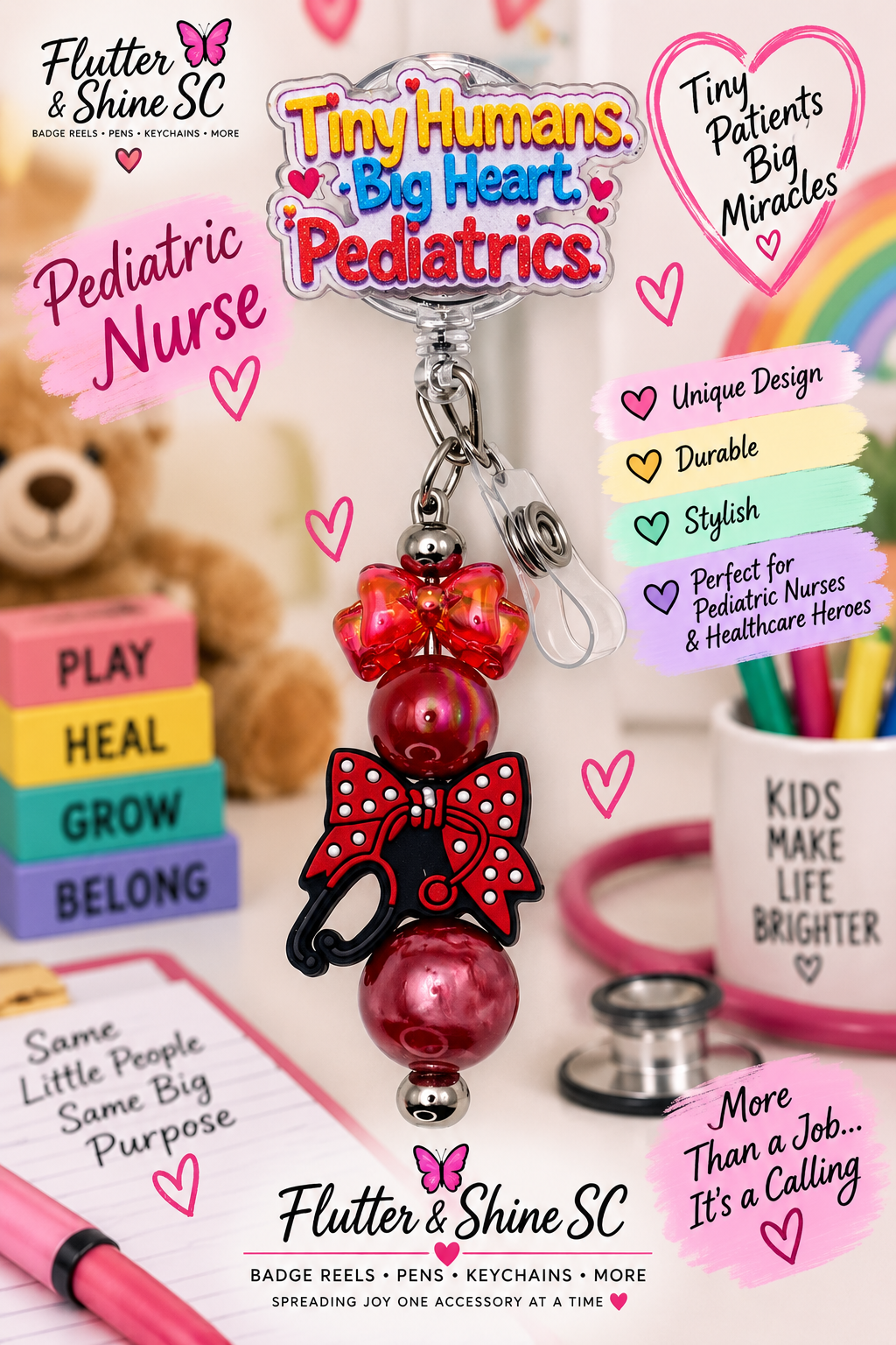Pediatric Nurse Badge Reel – Tiny Humans Big Heart Pediatrics Topper & Bow Stethoscope Charm | Retractable Badge Holder