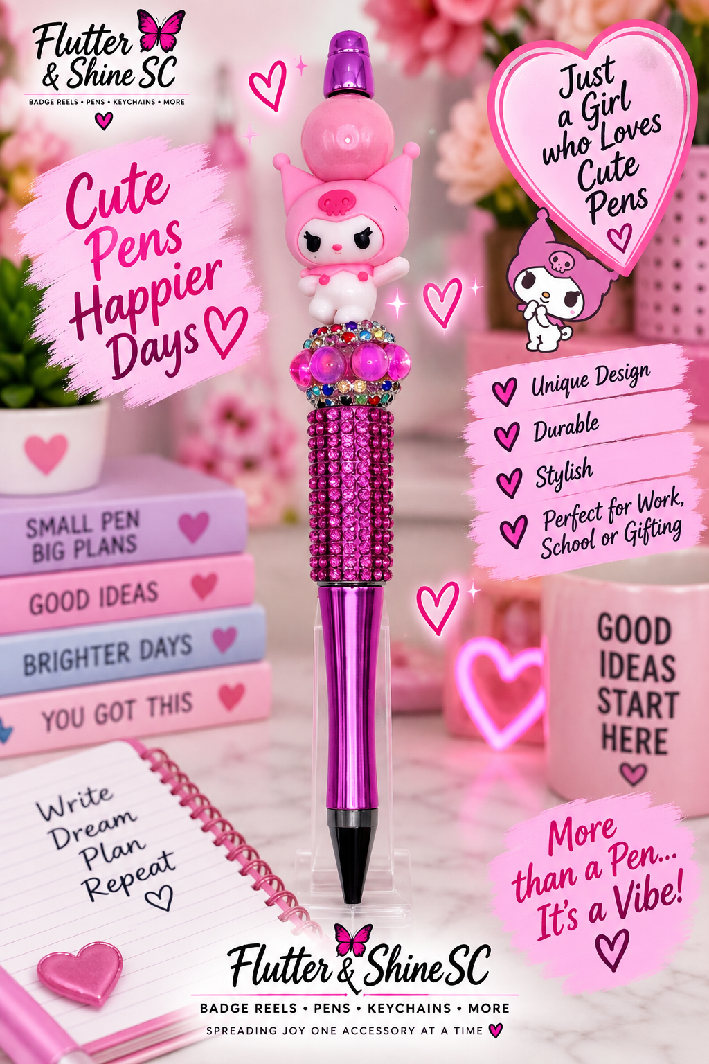 My Melody Kuromi Beaded Pen – Sanrio Character Topper & Hot Pink Rhinestone Barrel | Handmade Cute Pen