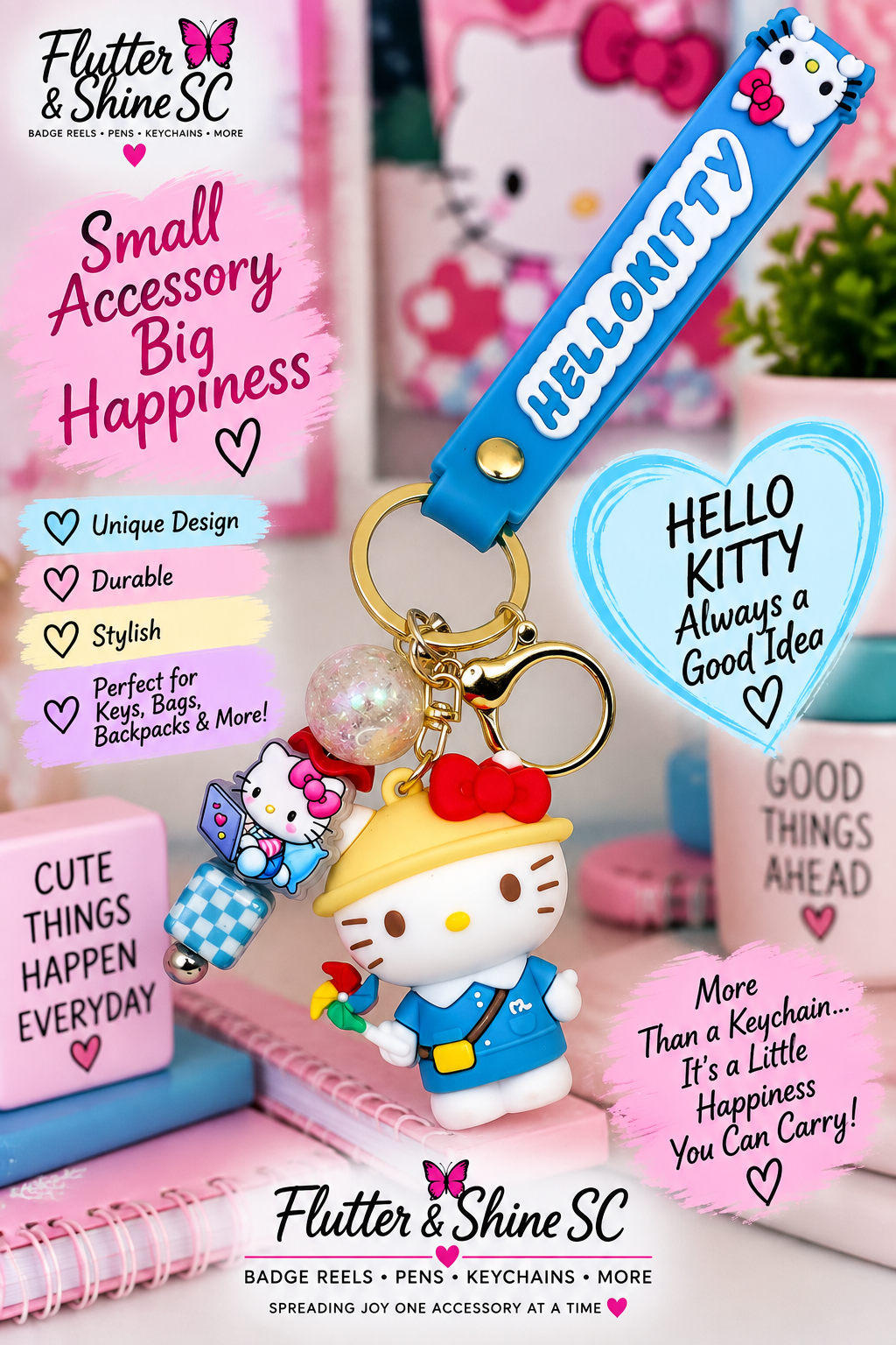 Hello Kitty Keychain – 3D Character Figure, Blue Rubber Wrist Strap & Iridescent Bead Charm