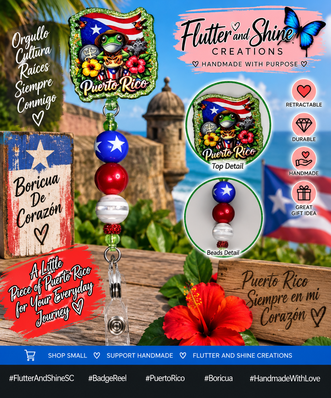 Puerto Rico Beaded Badge Reel – Boricua Pride