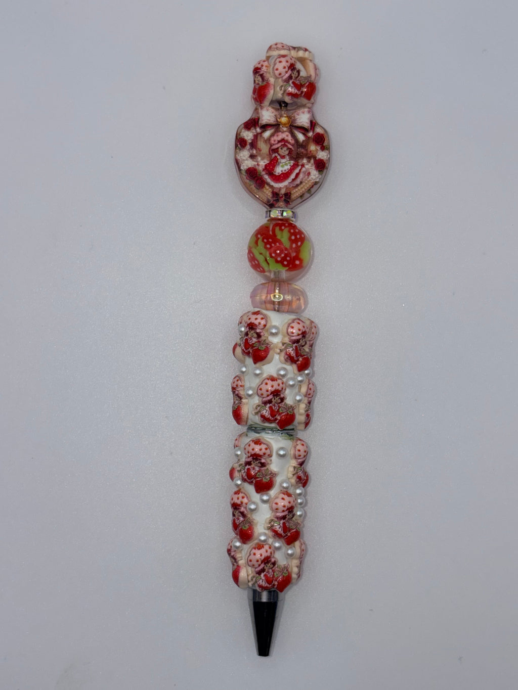 Pink & Red Strawberry shortcake -Themed Beaded Pen with Heart Accent