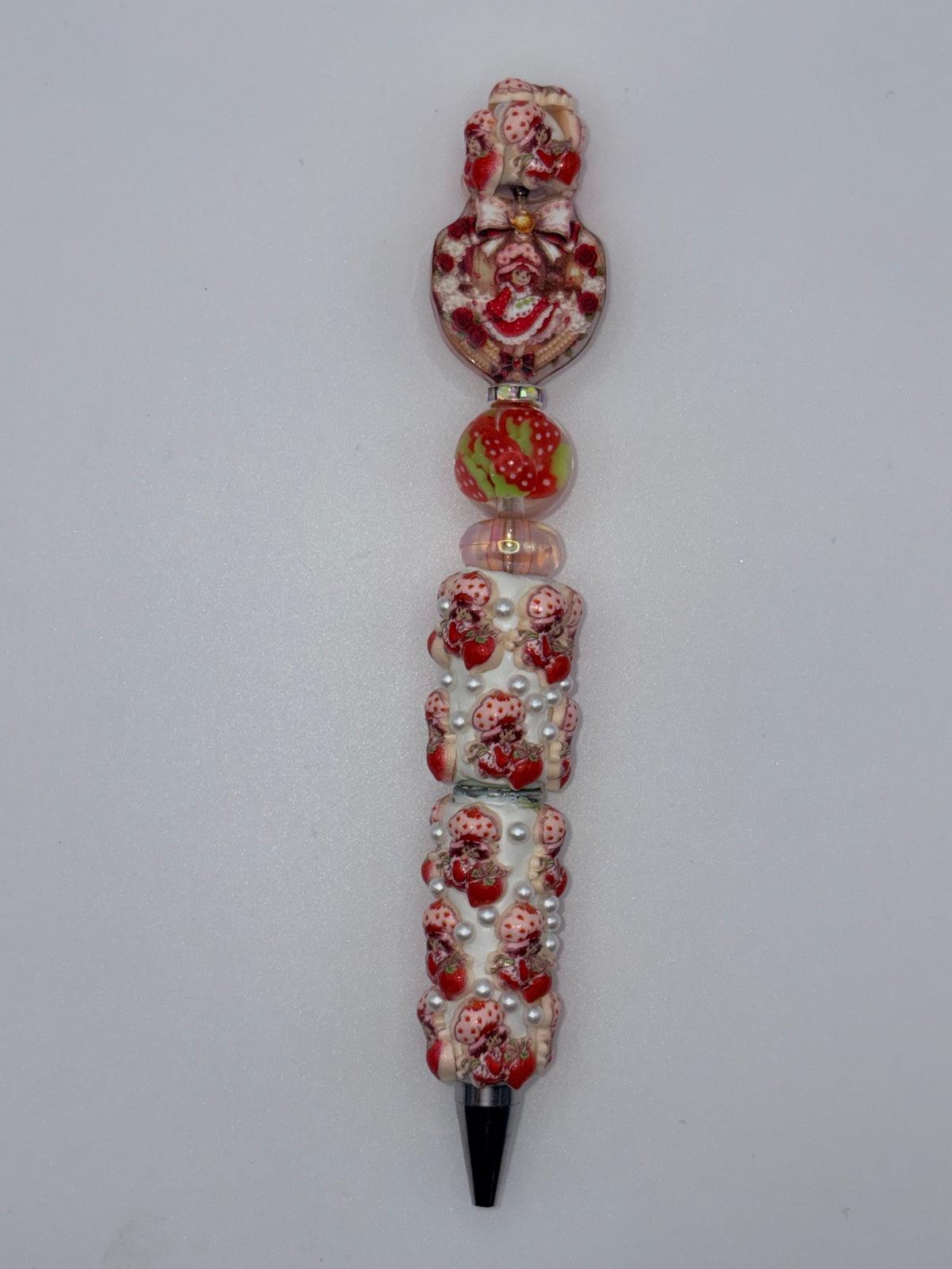 Pink & Red Strawberry shortcake -Themed Beaded Pen with Heart Accent