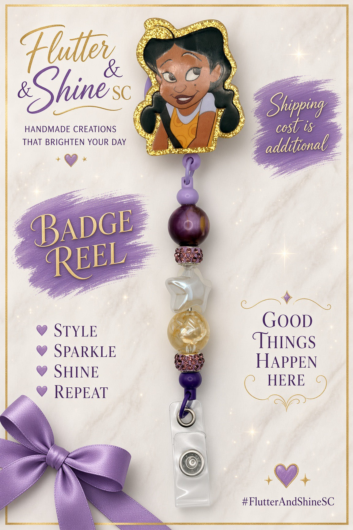 Handmade Penny Proud-inspired purple and gold beaded badge reel with a character topper and clear ID badge strap.