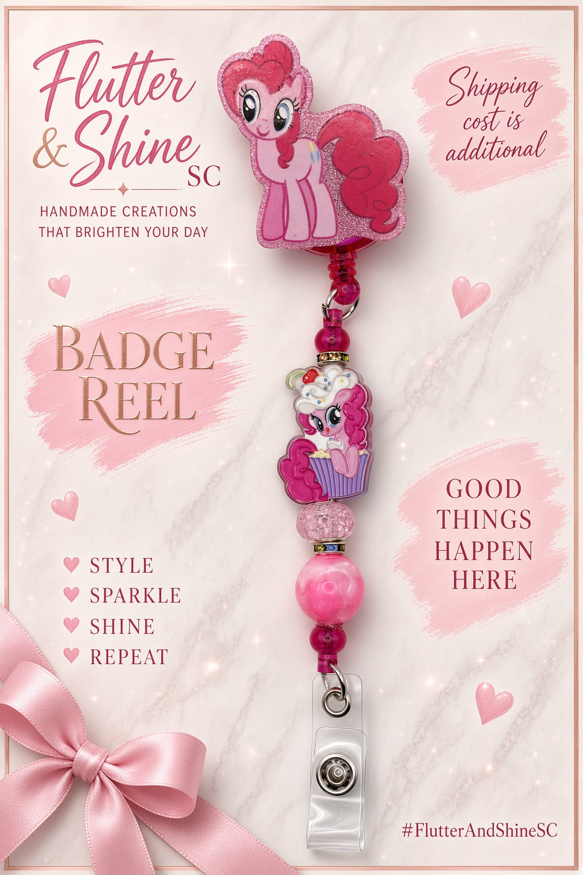 Pink pony and cupcake beaded badge reel displayed on a Flutter & Shine SC promotional background.