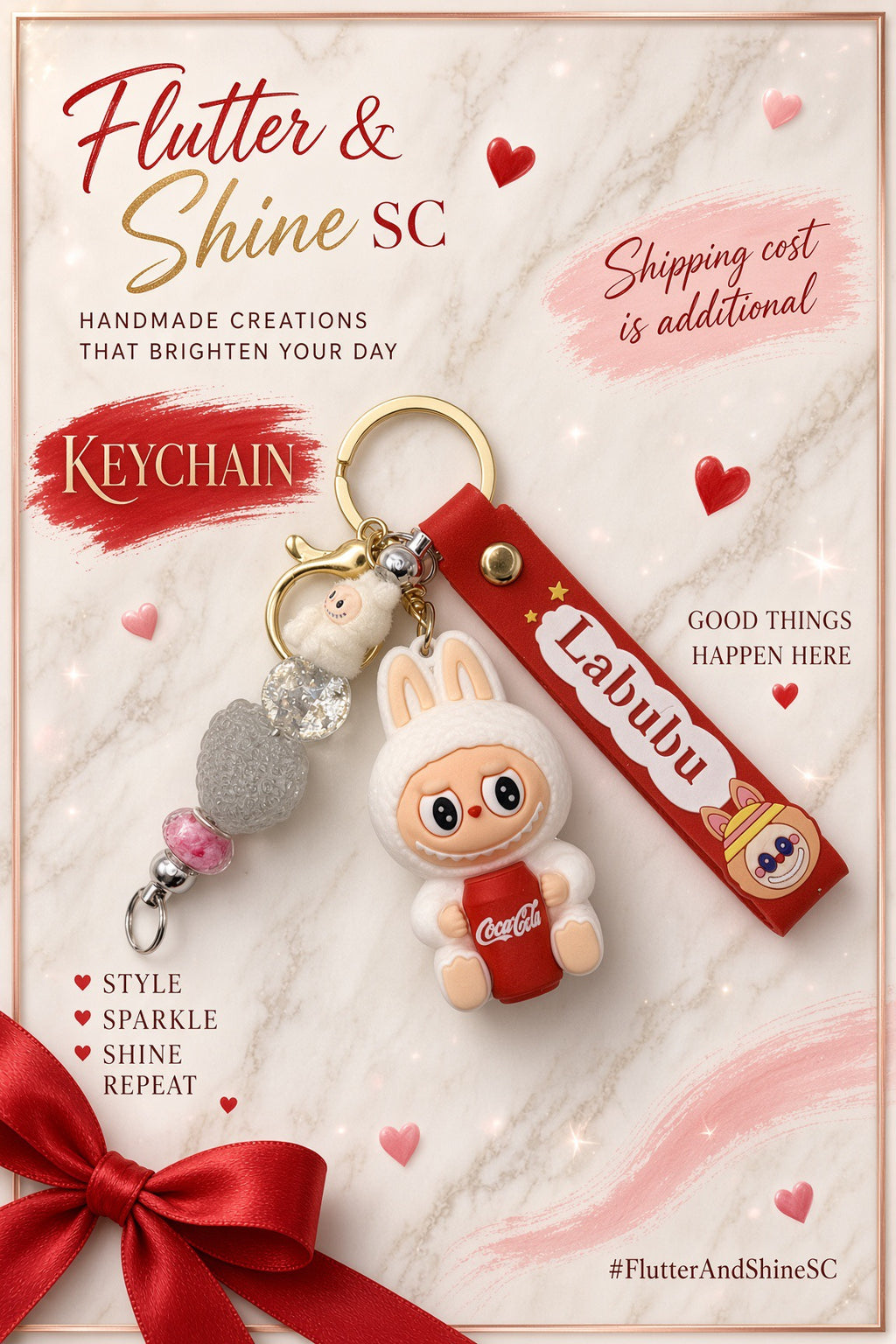 Labubu-themed red and white keychain with a beaded charm displayed on a Flutter & Shine SC promotional background.