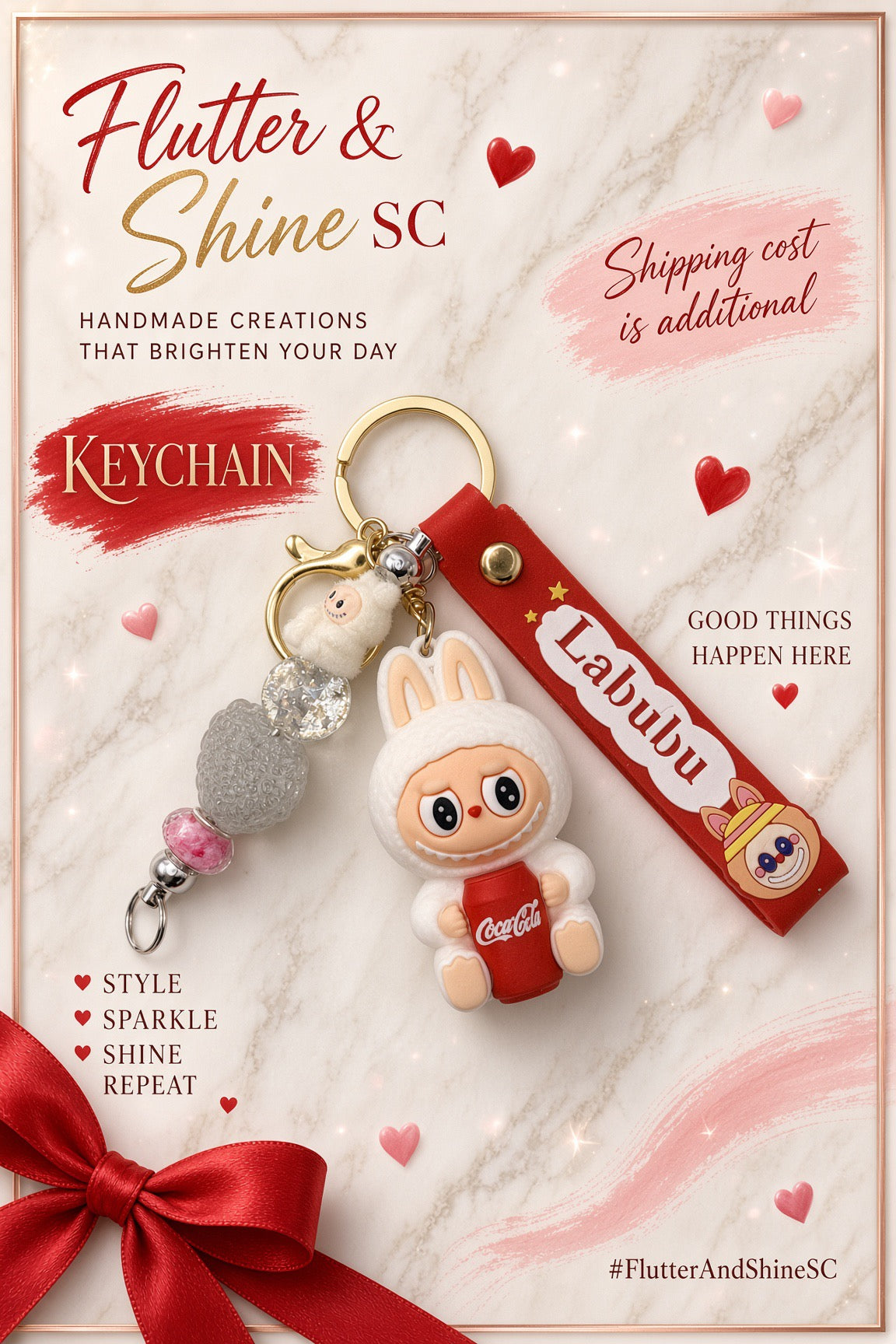 Labubu-themed red and white keychain with a beaded charm displayed on a Flutter & Shine SC promotional background.