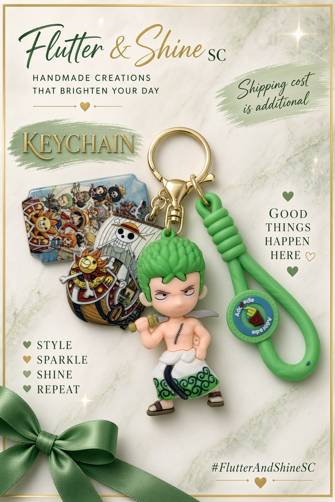 Green Zoro-themed keychain with pirate ship and character-collage charms displayed on a Flutter & Shine SC promotional background.