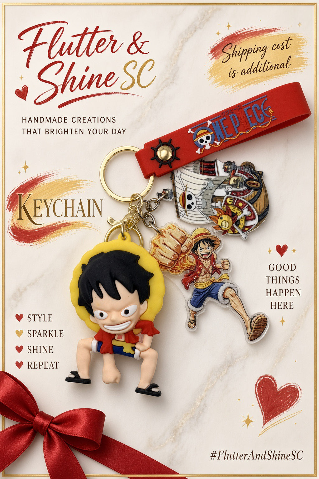 Branded promotional image of a One Piece–themed Luffy keychain with a red wrist strap and character and pirate-ship charms.