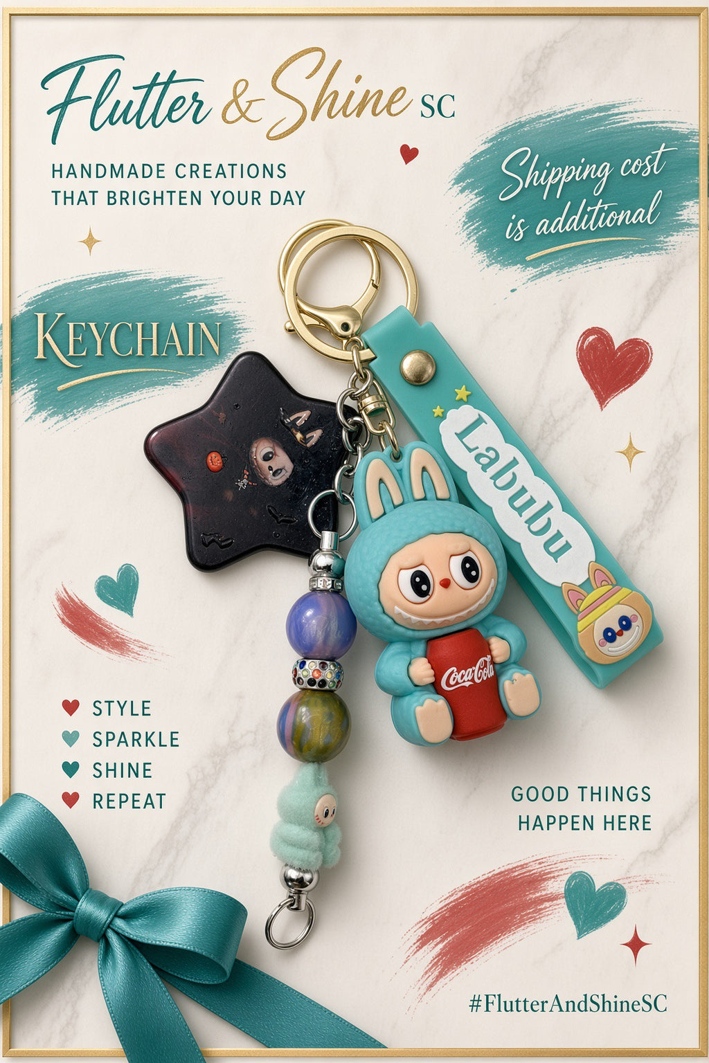 Branded Flutter & Shine SC display of a teal Labubu-themed wristlet keychain with character charm, black star charm, and colorful beaded accent.