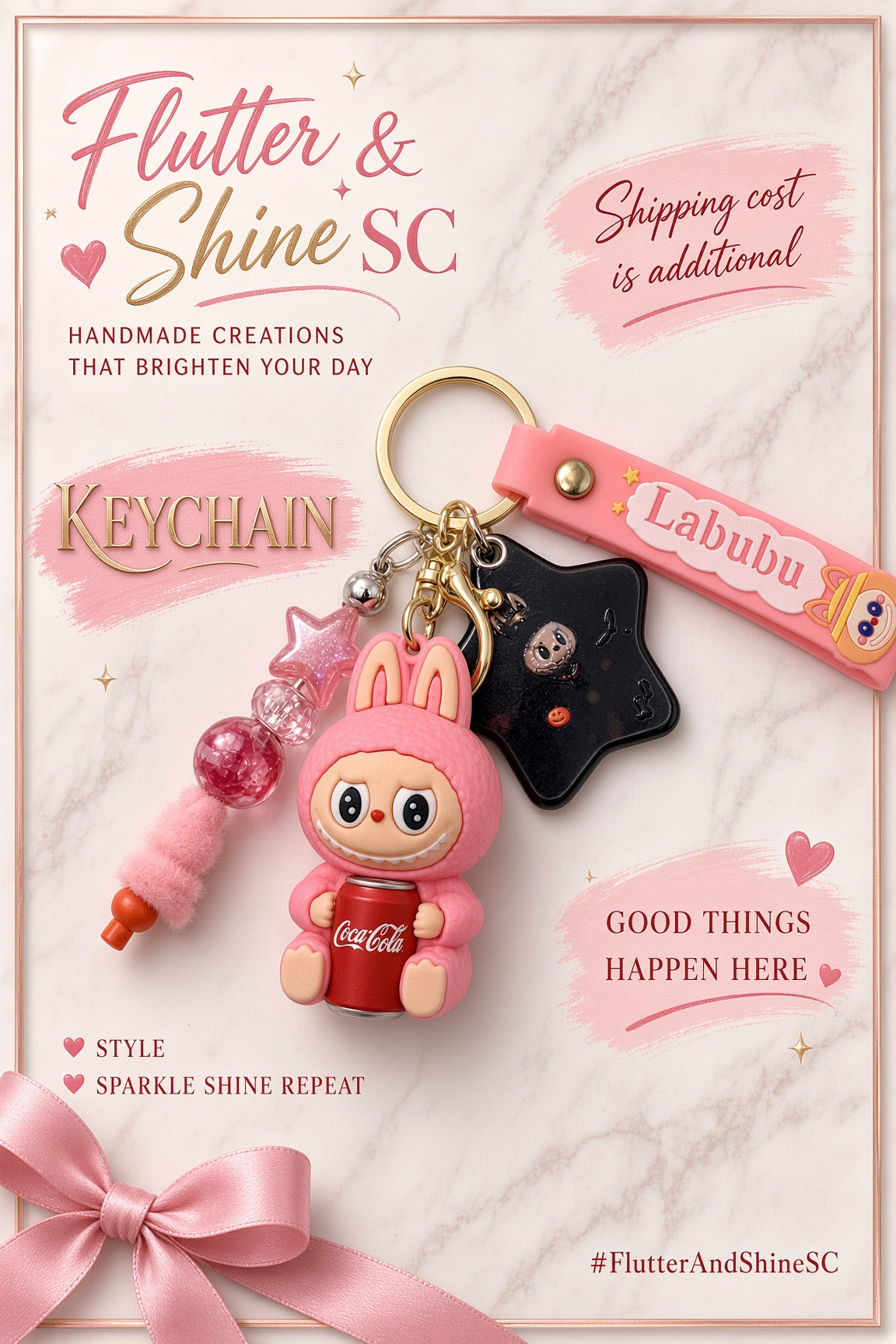 Flutter & Shine SC promotional image showing a pink Labubu-themed keychain with character, black star, and coordinating beaded charms.