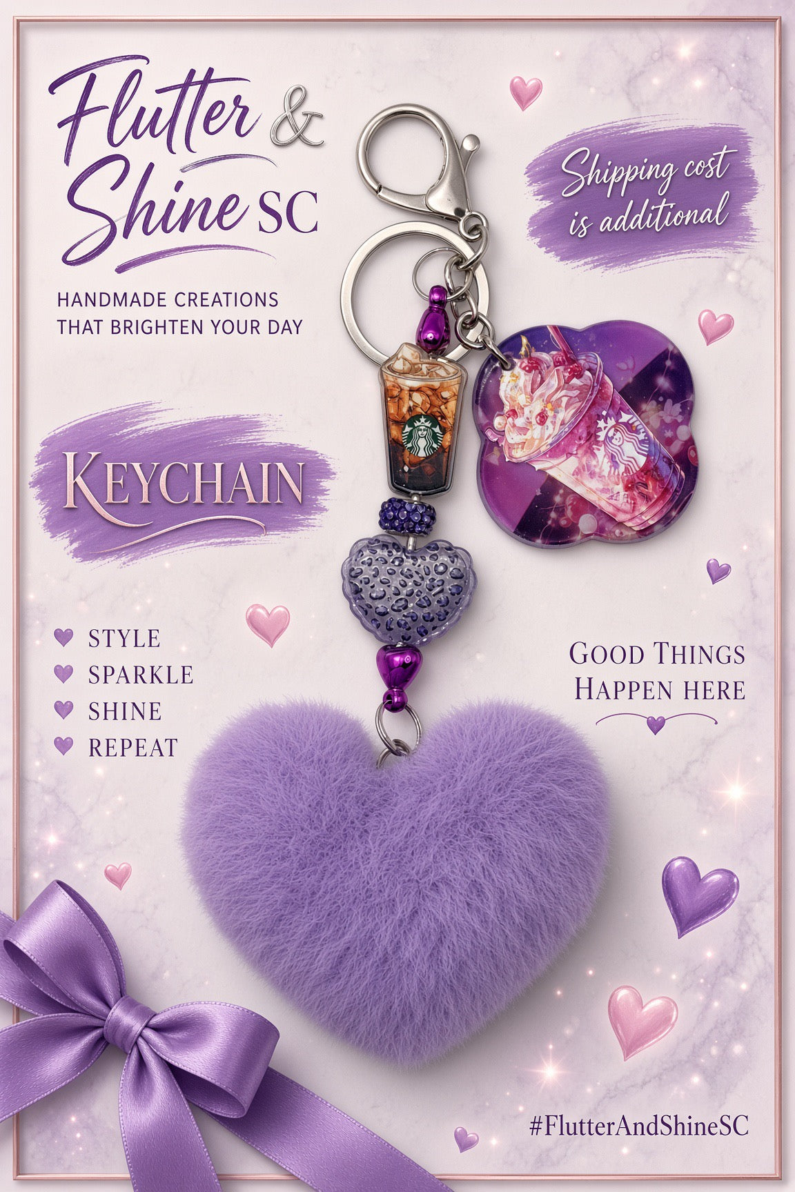 Flutter & Shine SC promotional display of a purple coffee-themed keychain with fluffy lavender heart and coordinating coffee and heart accents.