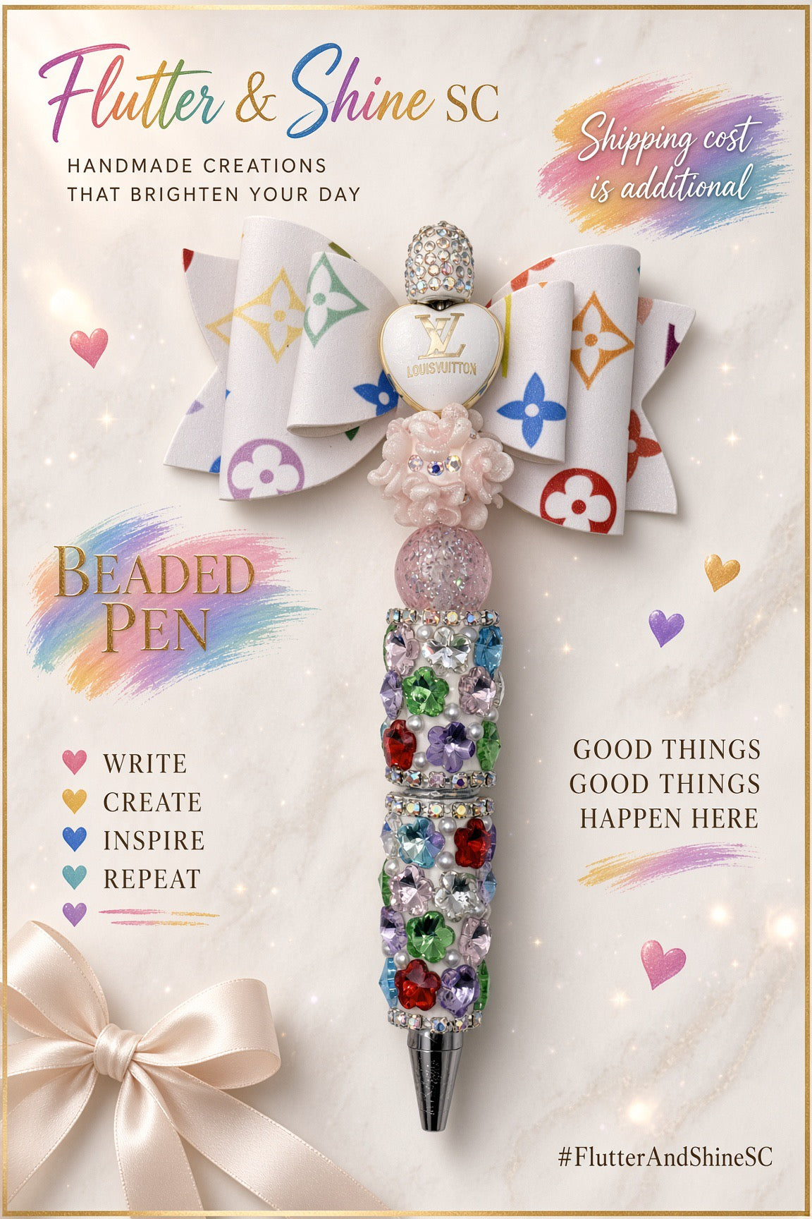 Flutter & Shine SC promotional display of a multicolor sparkle beaded pen with white patterned bow, white heart accent, and pale pink beads.