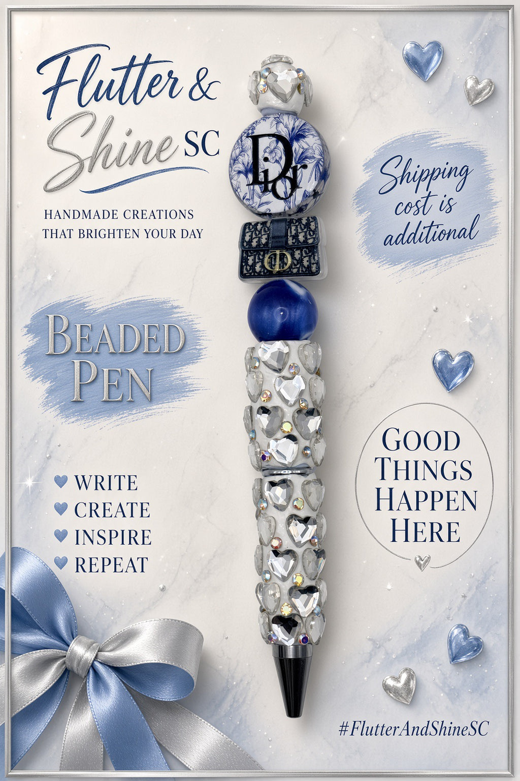 Flutter & Shine SC promotional display of a blue and silver heart sparkle beaded pen with handbag-shaped and floral lettered accents.