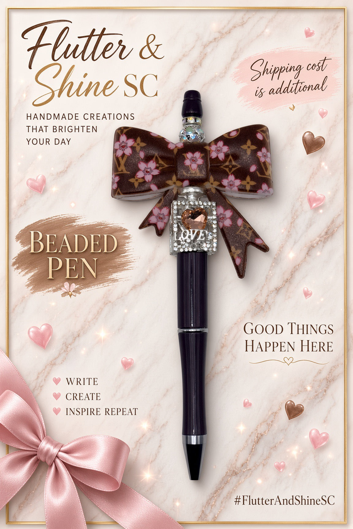 Flutter & Shine SC promotional display of a brown and pink floral monogram bow pen with sparkling LOVE and heart detail.
